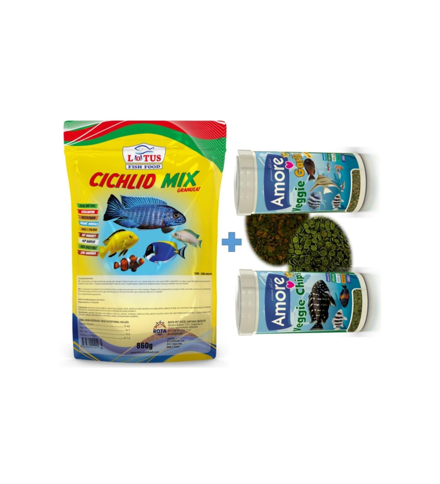 Lotus Cichlid Mix Granular Protein Herbal Mixed 860 G Malawi Cichlid Fish Food + 30 Gr + 30 Gr