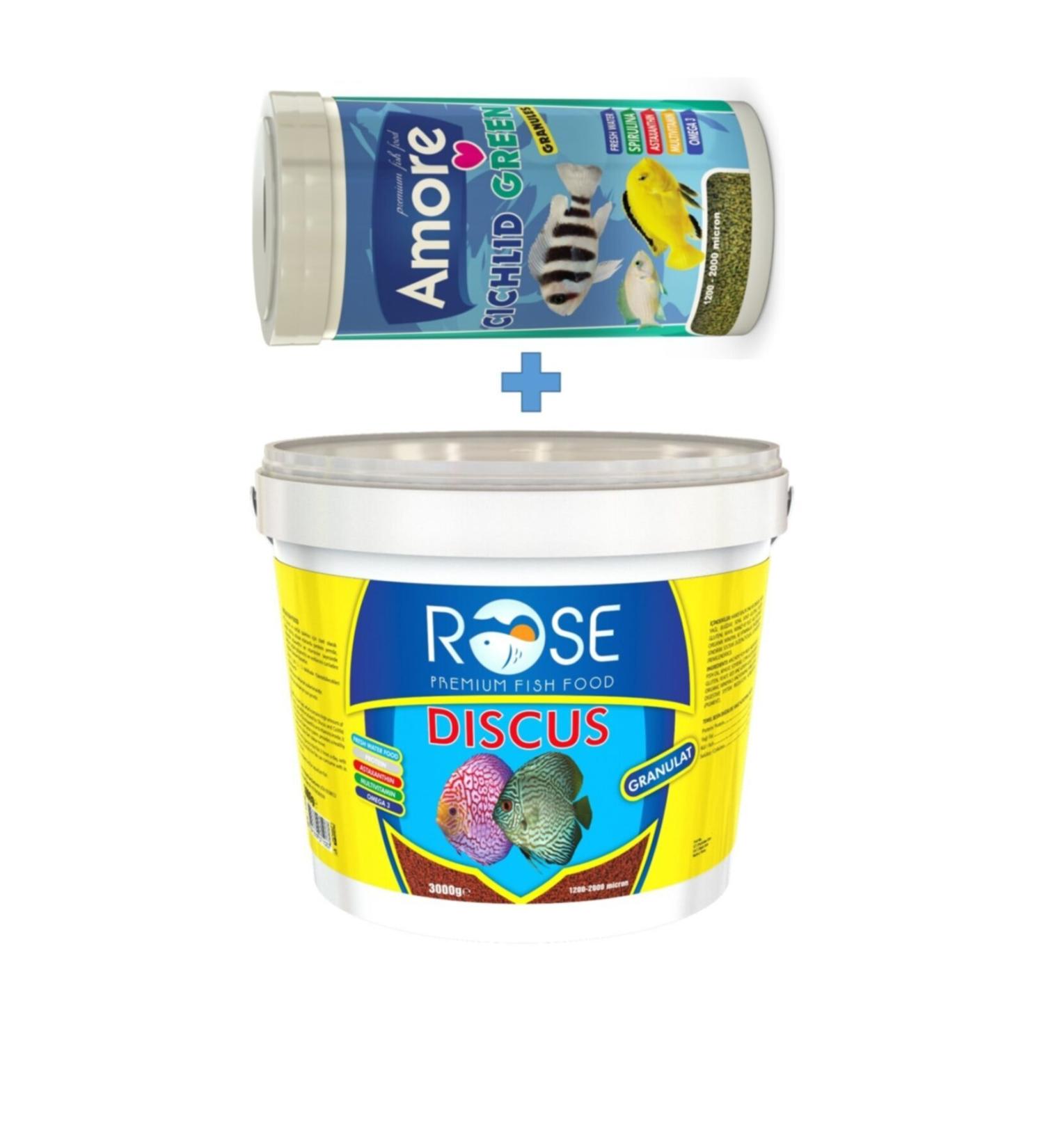 Rose Discus 3 Kg Bucket + Amore Cichlid Green 1000ml Box Aquarium Fish Food
