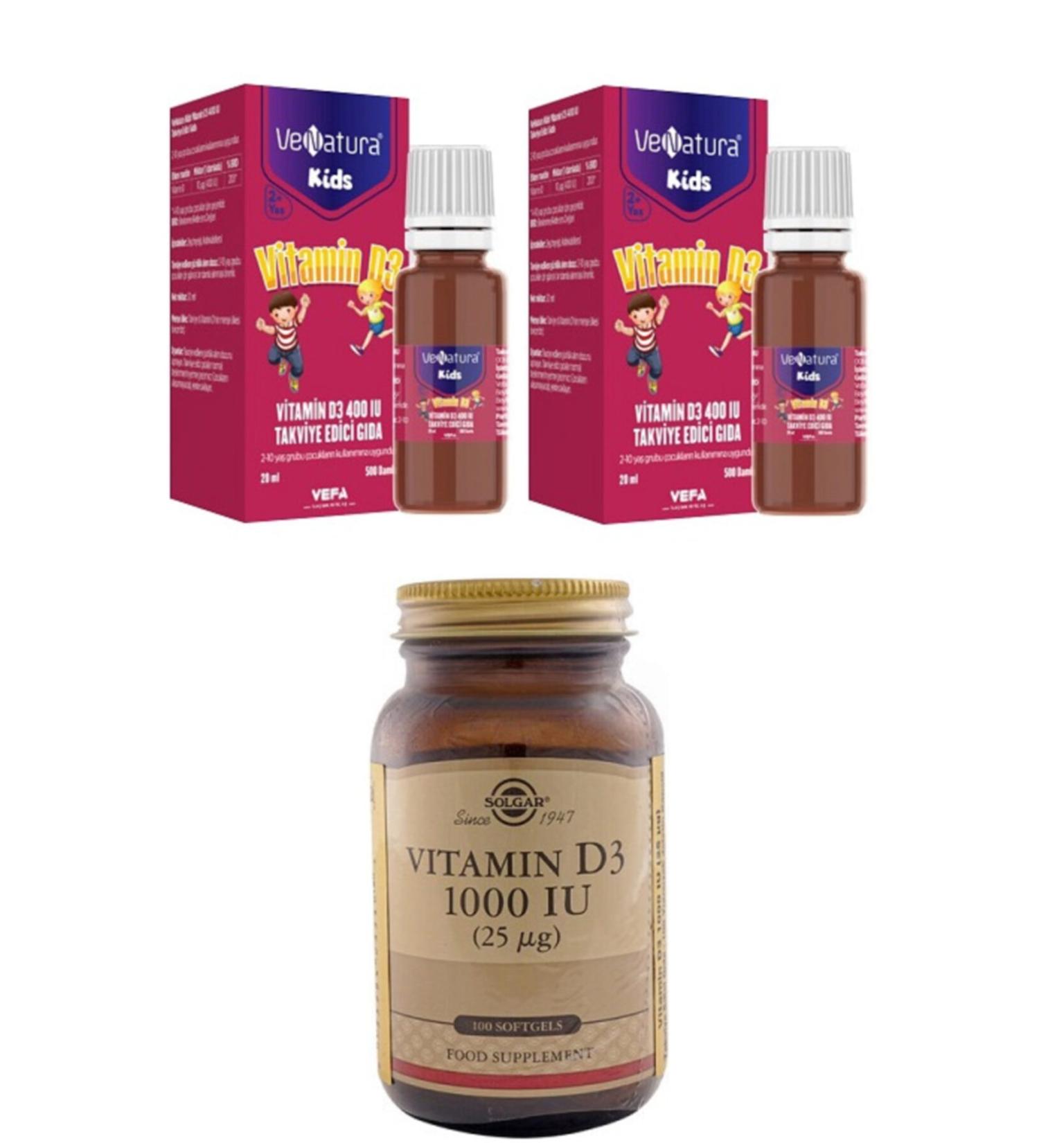 Venatura Kids Vitamin D3 20 Ml Drops*2 Pieces+solgar D3 1000 Iu 100 Softgel Capsule