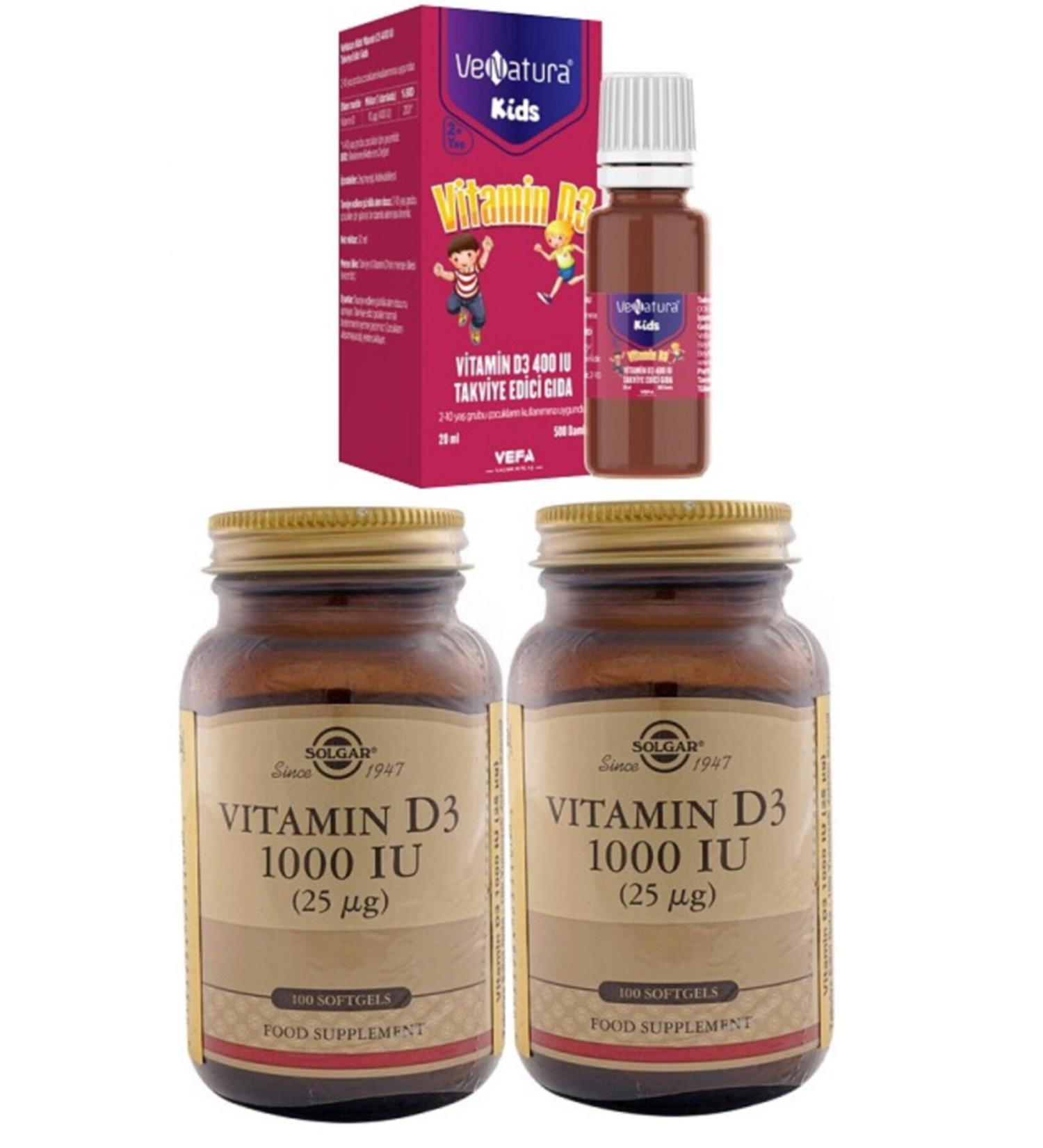 Venatura Kids Vitamin D3 20 Ml Drop+solgar D3 1000 Iu 100 Softgel Capsule*2 Pieces