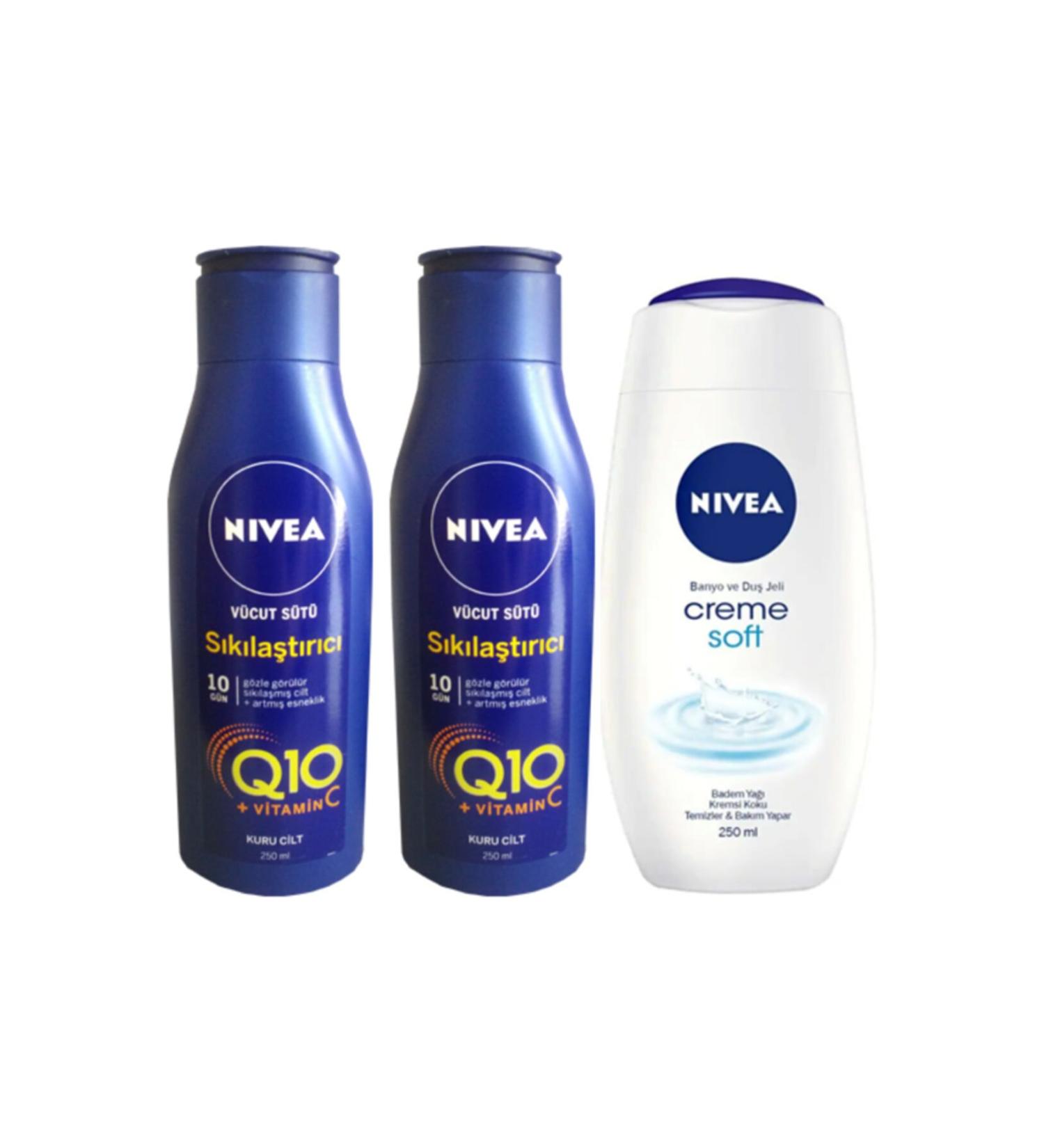 NIVEA 2 Pieces Q10 Body Milk Firming 250 Ml Dry Skin Blue + Creme Soft 250 Ml Shower Gel Gift