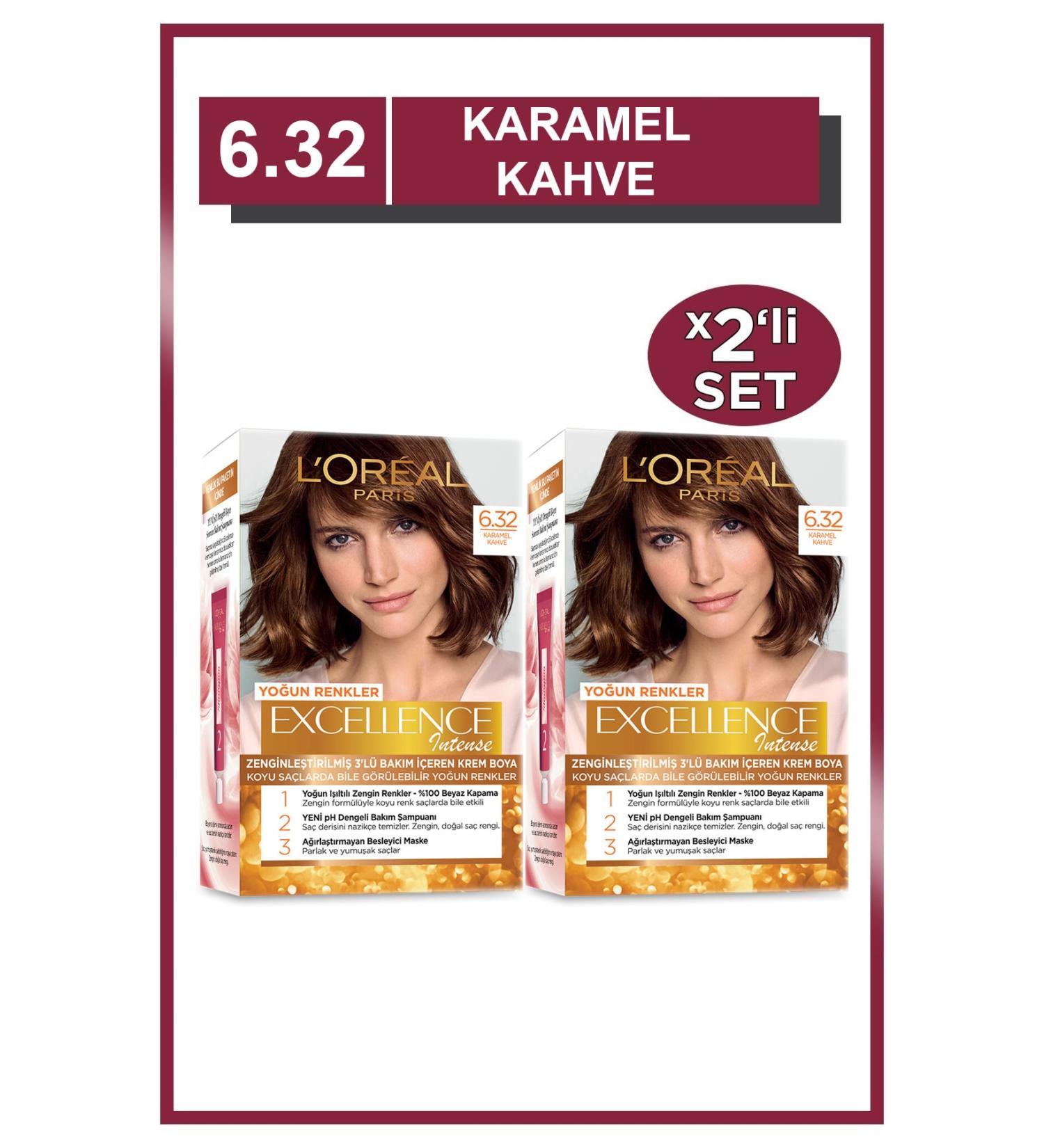 L'Oreal Paris Excellence Intense Hair Dye 6.32 Caramel Brown Set of 2