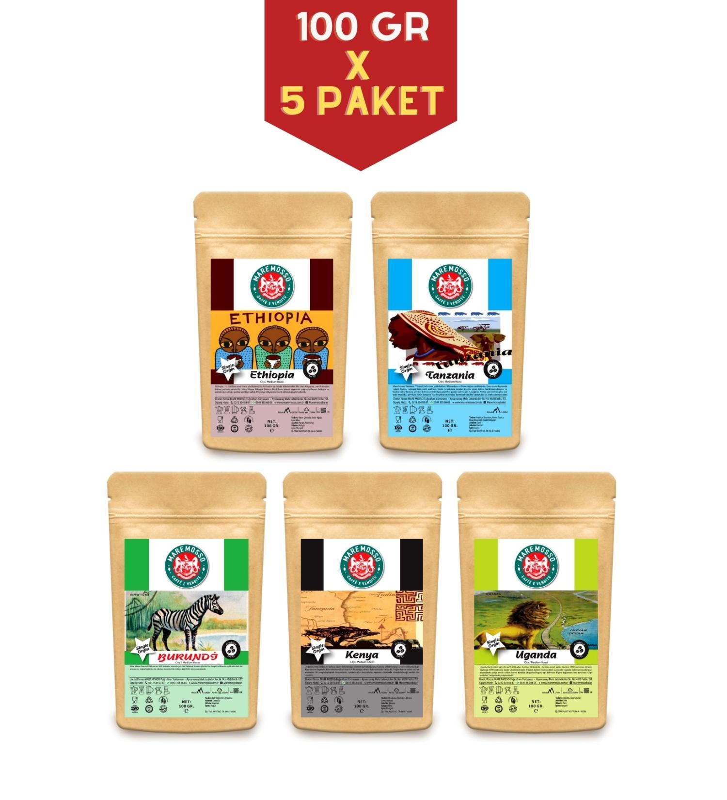 Mare Mosso Caffe African Coffees (Ethiopia Burundi Tanzania Kenya Uganda) Introduction Set (100 GR. X5 PACKS)