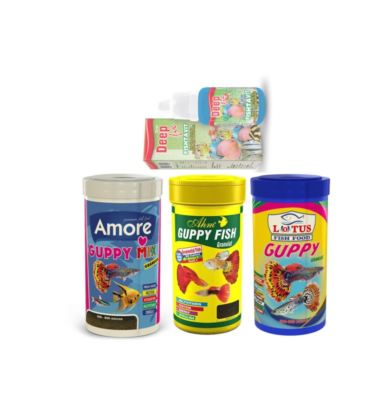 Ahm Amore ++ Lotus Guppy Granulat 3x250ml Box Aquarium Fish Food + Fishtavit 30ml
