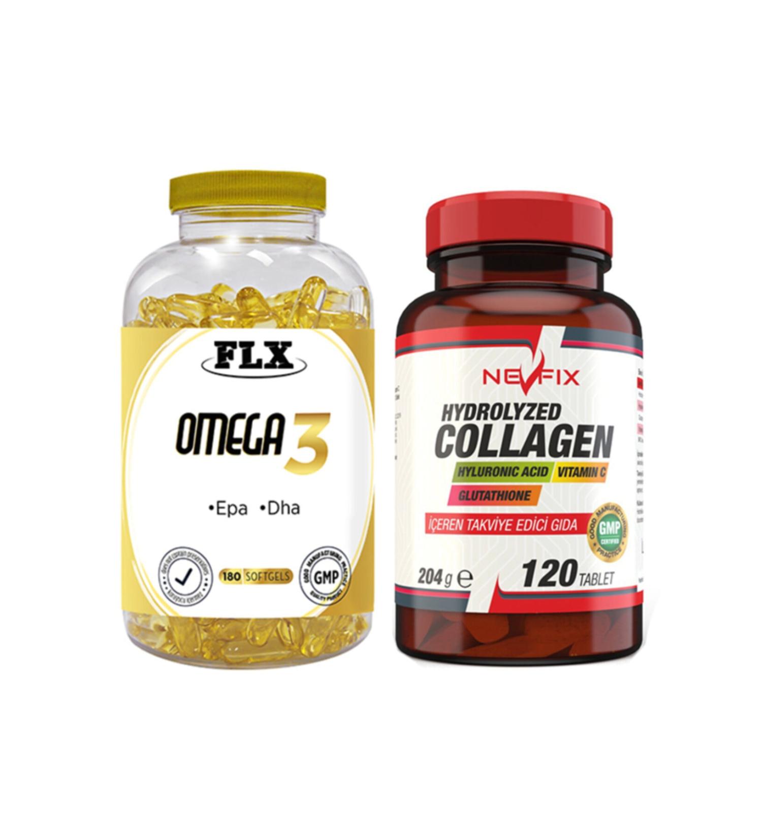 FLX Omega 3 Fish Oil 180 Softgel & Nevfix Collagen Glutathione Hyaluronic Acid Vitamin C 120 Tablets