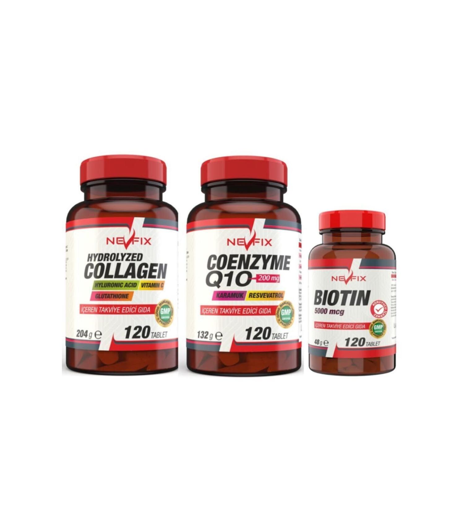 Nevfix Coenzyme Q 10 120 Tablets Collagen 120 Tablets Biotin 120 Tatlet