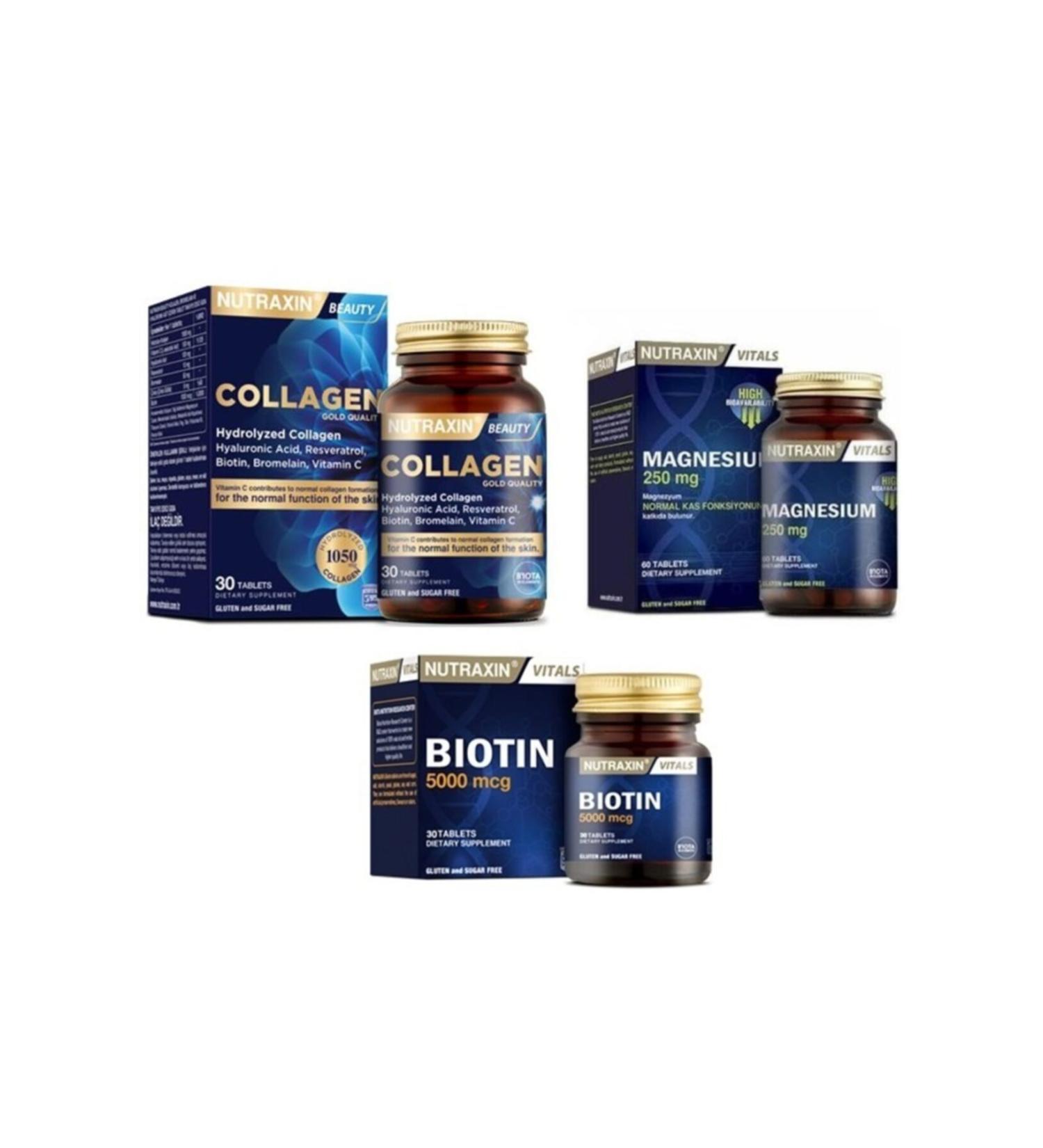 Nutraxin Magnesium 250 Mcg 60 Tablets + Biotin 5000 Mcg 30 Tablets + Hydrolyzed Collagen Containing 30 Tablets