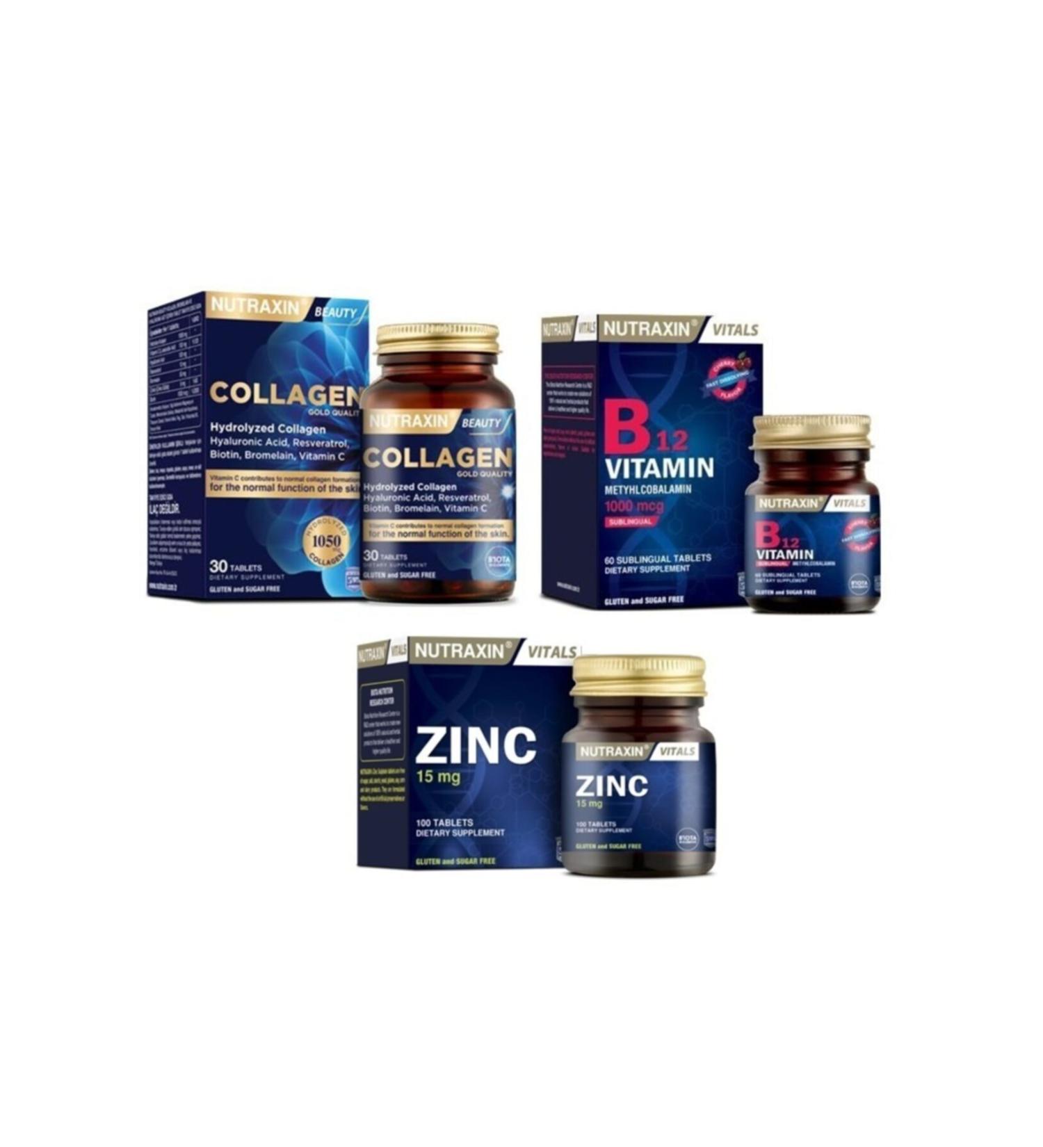 Nutraxin Type 1 and Type 3 Hydrolyzed Collagen 30 Tablets + Zinc 15 Mg 100 Tablets + B12 1000 Mcg 60 Tablets