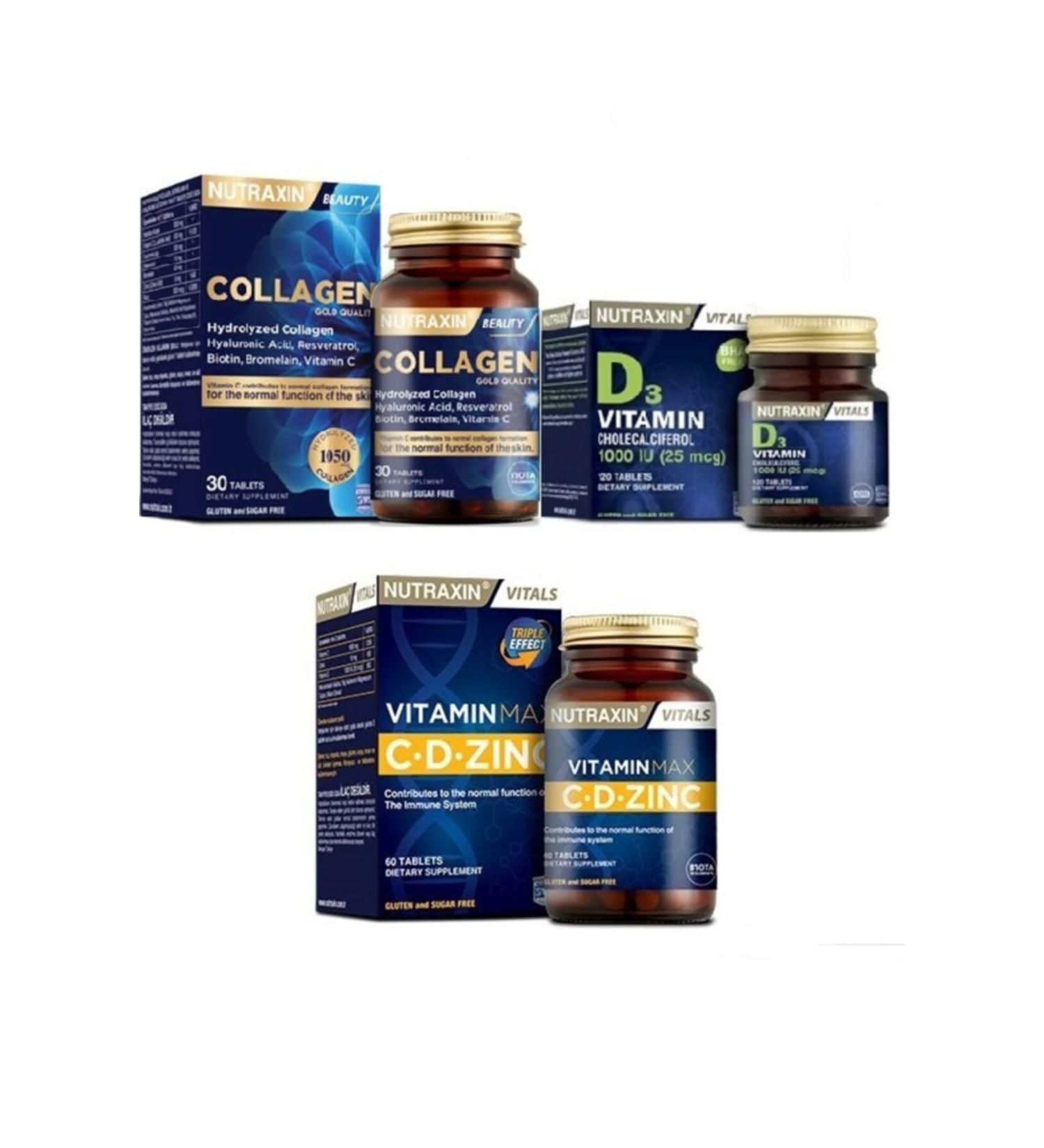 Nutraxin Vitamin D3 1000 Iu 120 Tablets + Vitamin Max Cd-zinc 60 Tablets + Hydrolyzed Collagen 30 Tablets