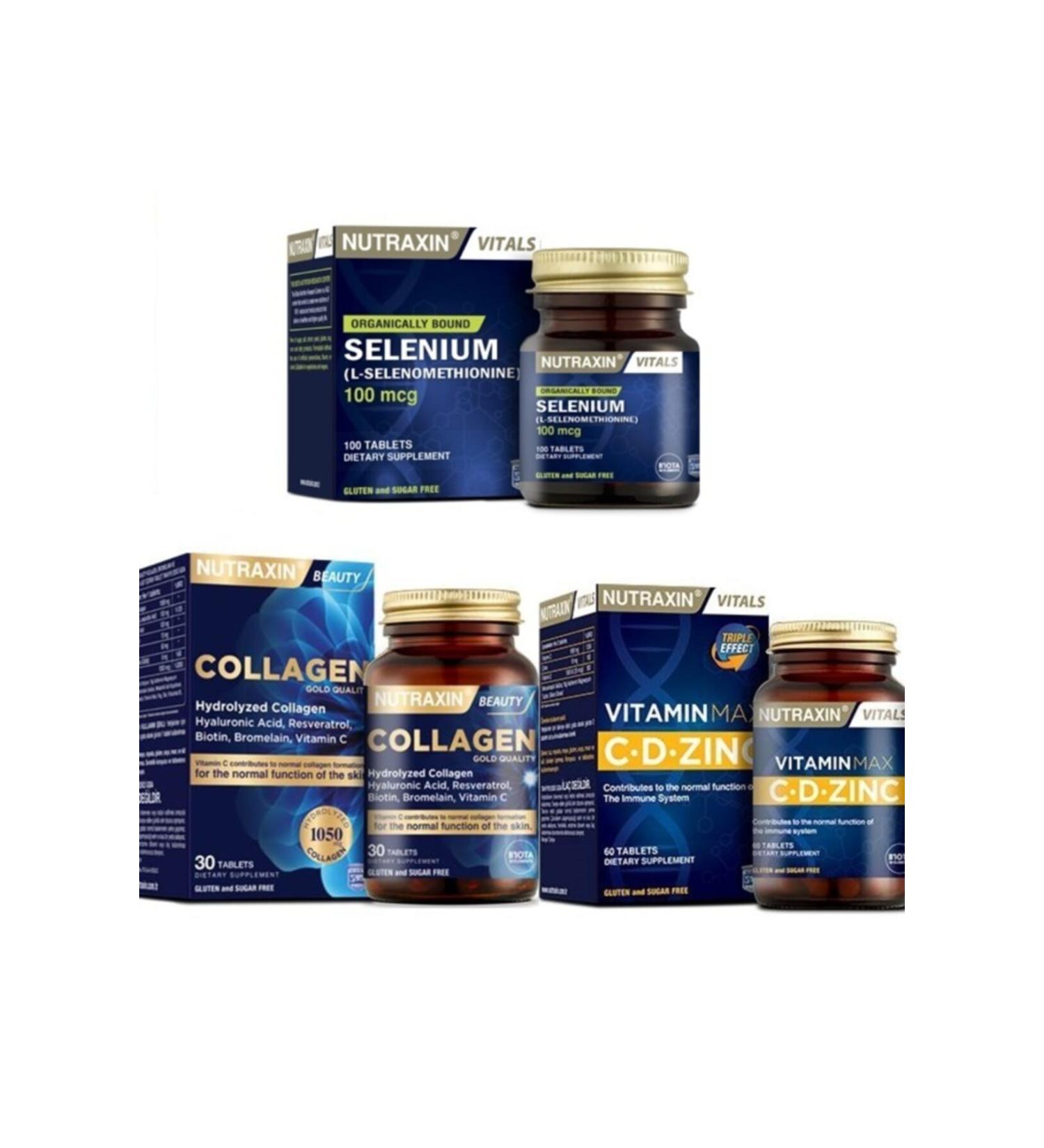 Nutraxin Vitamin Max 60 Tablets + Selenium 100 Mcg 100 Tablets + Type 1 and Type 3 Hydrolyzed Collagen Containing 30 Tablets