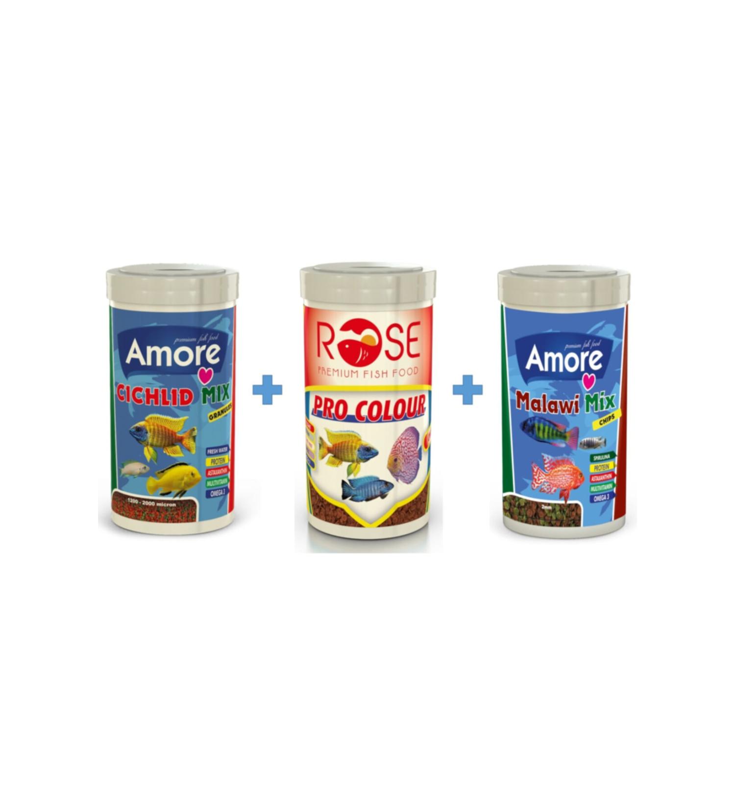 AMORE Cichlid Mix 250ml + Rose Pro Colour 250ml + Malawi Mix 250 Ml Box Cichlid Fish Food