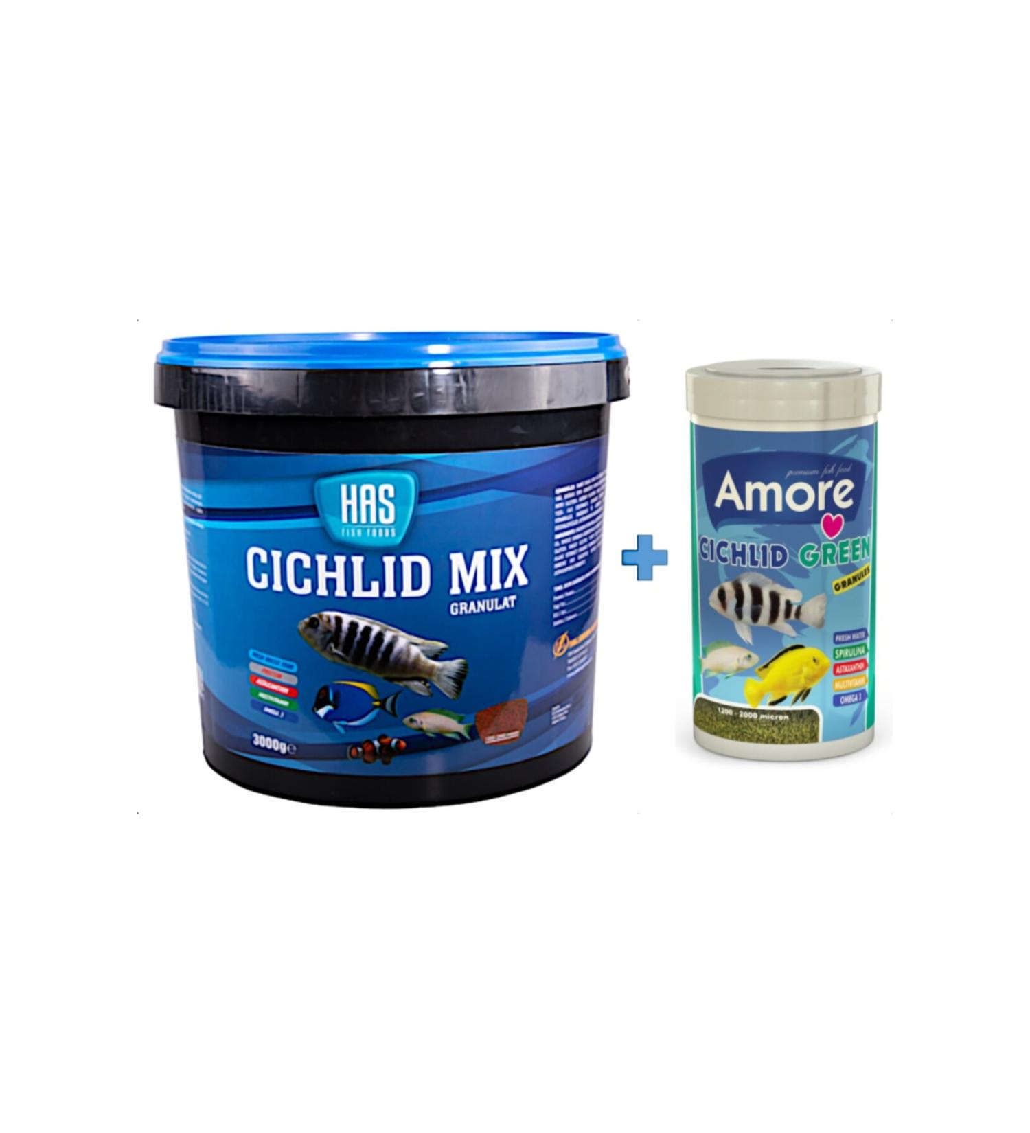 Has Cichlid Mix 3 Kg Bucket + Amore Cichlid Green 1000ml Box Aquarium Fish Food