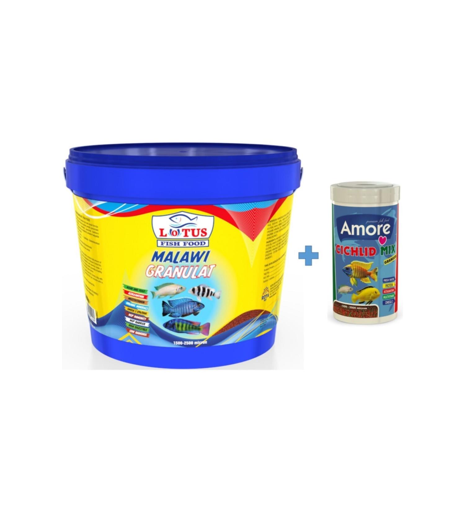 Lotus Malawi Granulat Omega3 3 Kg Bucket + Cichlid Mix 1000ml Box Dolphin Yellow Blue Princess Cichlid Fish Food - Buy Online on GoSupps.com