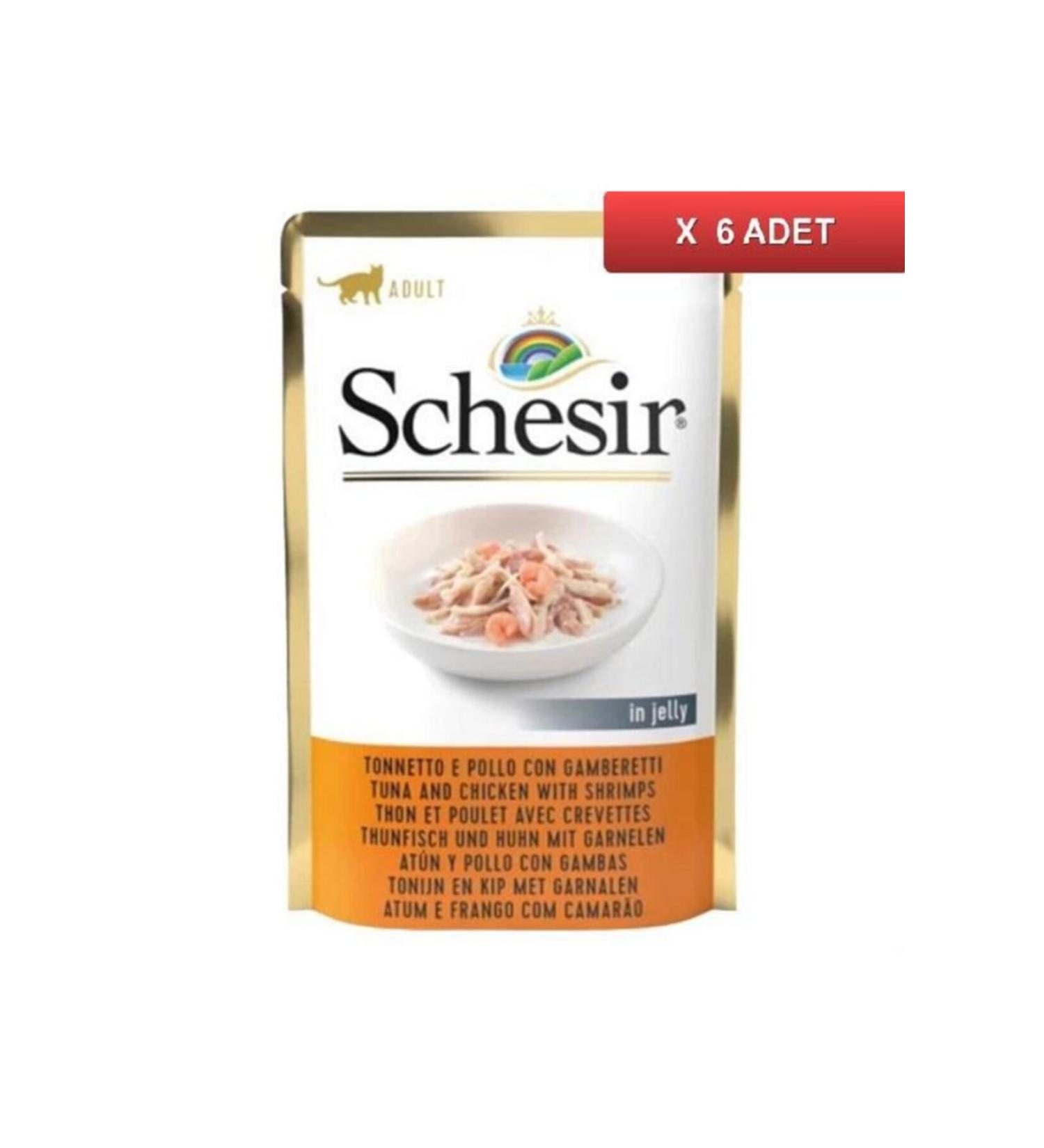 Schesir Jelly Tuna Chicken and Shrimp Pouch Cat Canned Food 85 Gr (6 Pieces)