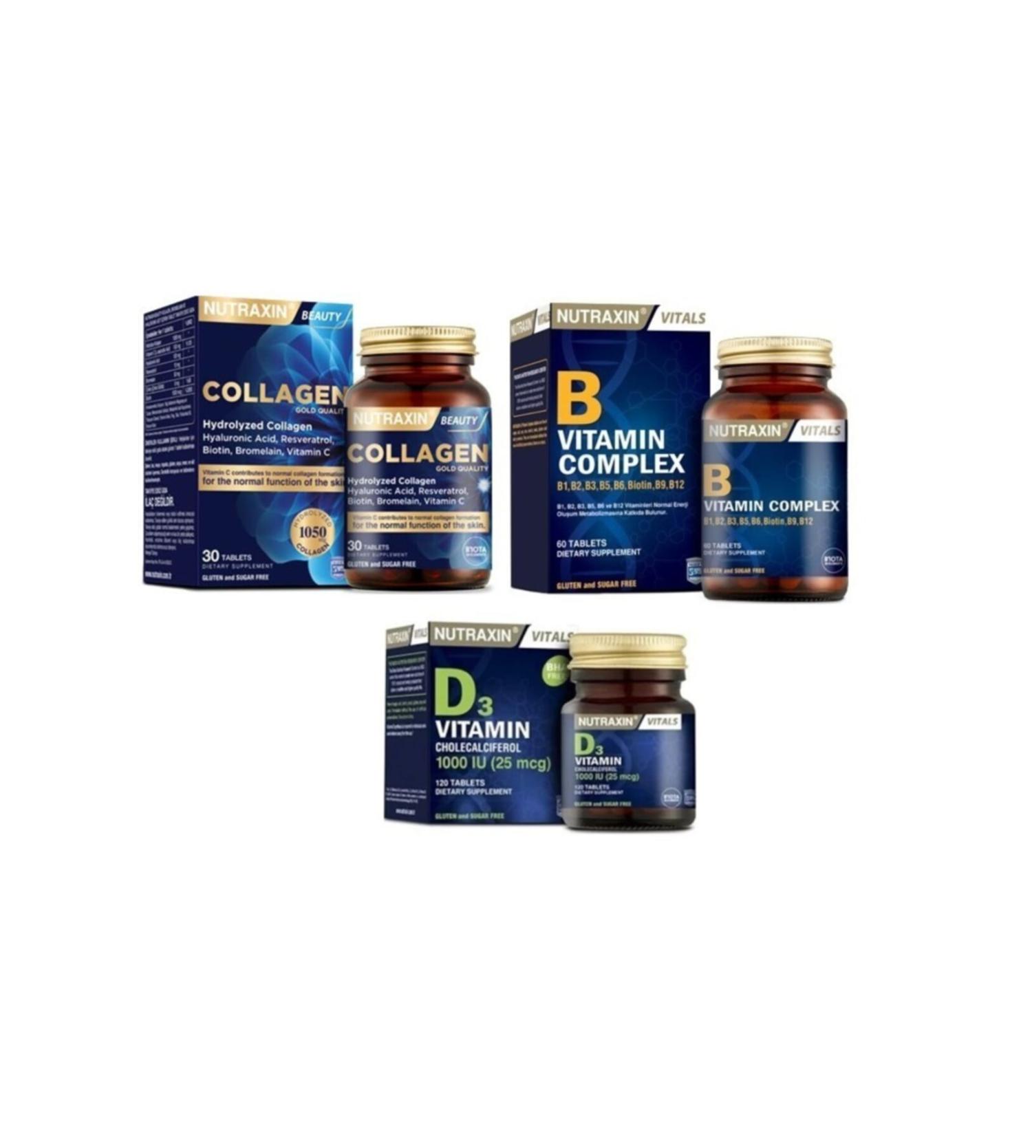 Nutraxin Type 1 and Type 3 Hydrolyzed Collagen Containing 30 Tablets + d3 Vitamin 1000 Iu 120 Tablets + b Complex 60 Tablets