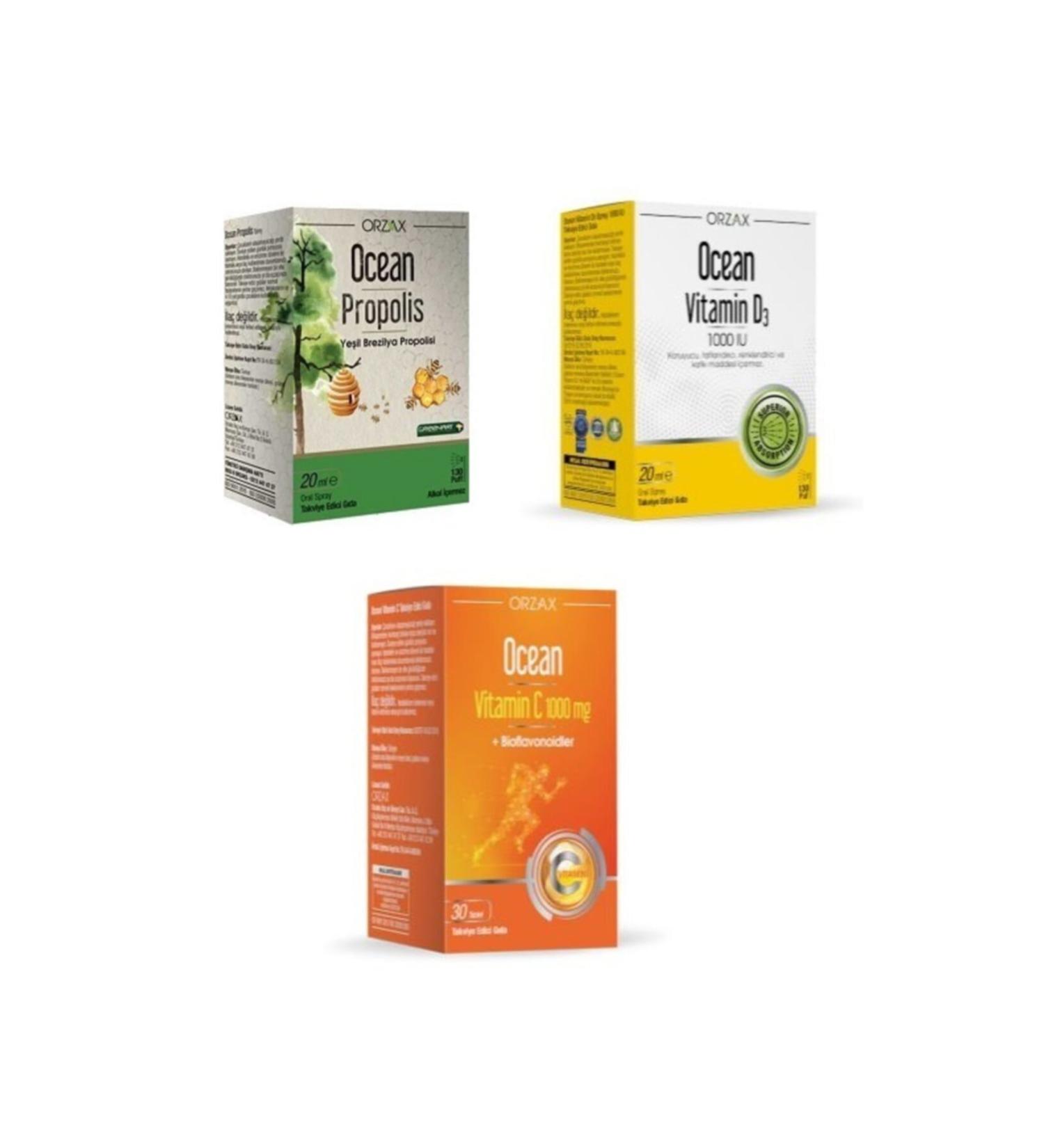 Ocean Ocean D3 1000 Iu Spray 20 Ml + Ocean Honey Green Brazilian Propolis 20 Ml + 1000 Mg C Vitamin 30 Tablets