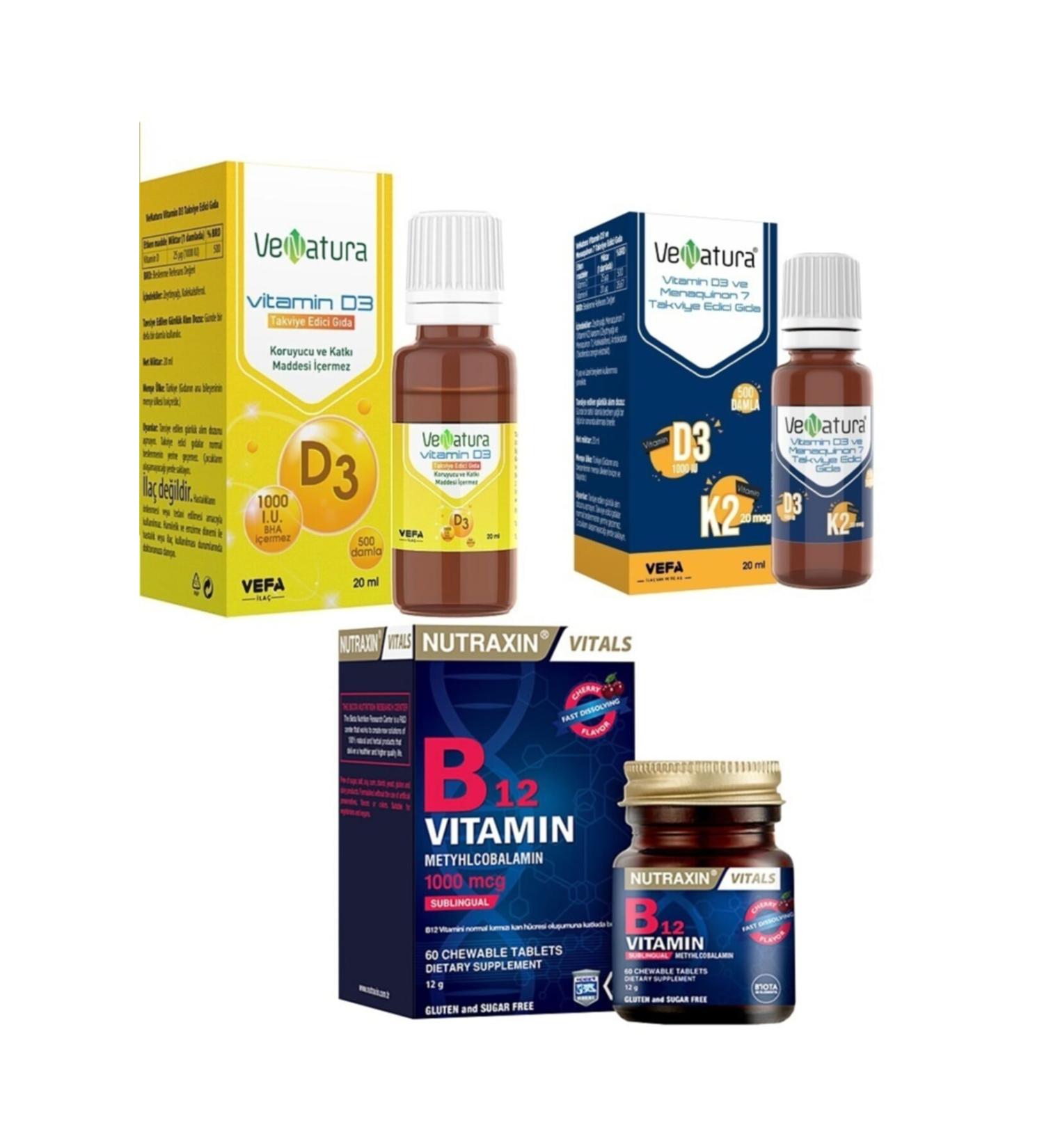 Venatura D3k2 20 Ml Drop + 1000 Iu D3 Drop + nutraxin B12 Vitamin