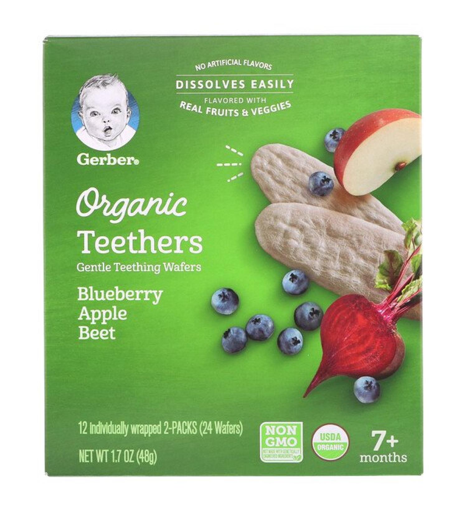 Gerber Organic Teethers Gentle Teething Wafers 7+ Months Blueberry Apple Beet 12 Packs 2 Wafers Each