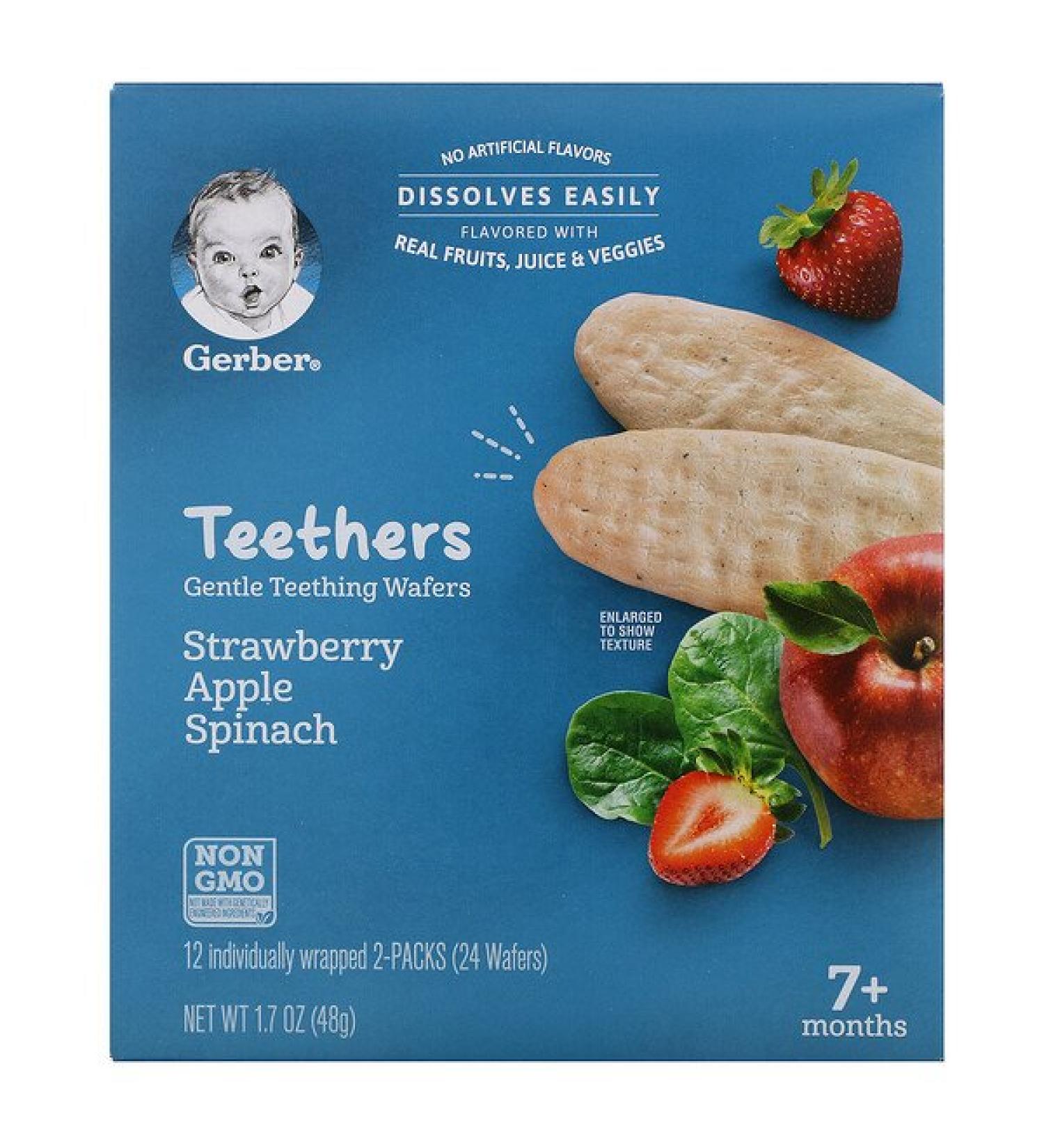 Gerber Teethers Gentle Teething Wafers 7+ Months Strawberry Apple Spinach 12 Packs 2 Wafers Each