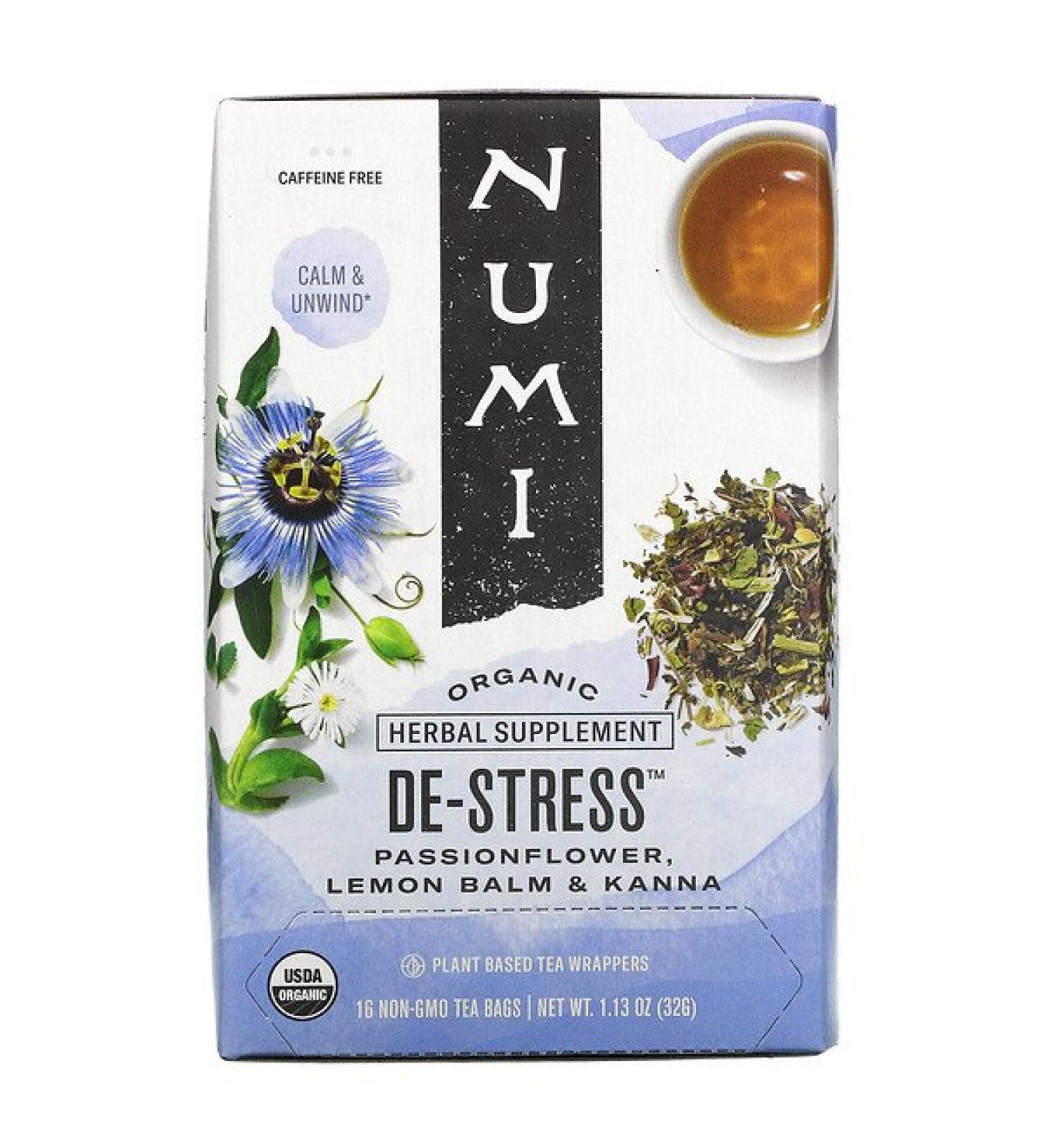Numi Tea Organic De-Stress Herbal Tea - Caffeine Free, 16 Bags (1.13 oz) - Buy Online on GoSupps.com