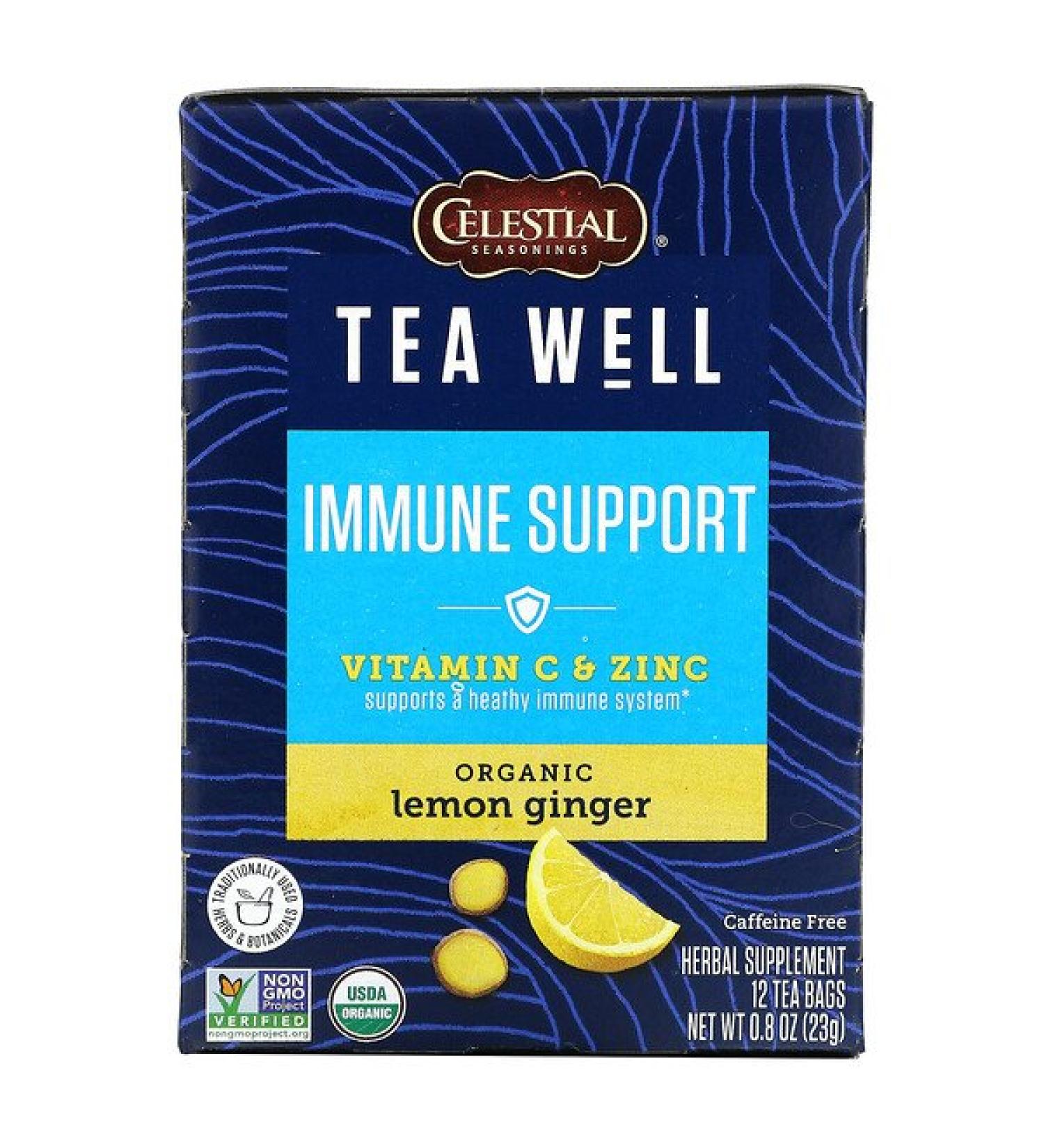Celestial Seasonings Immune Support Tea â€“ Organic Lemon Ginger with Vitamin C & Zinc, Caffeine Free, 12 Bags - Buy Online on GoSupps.com