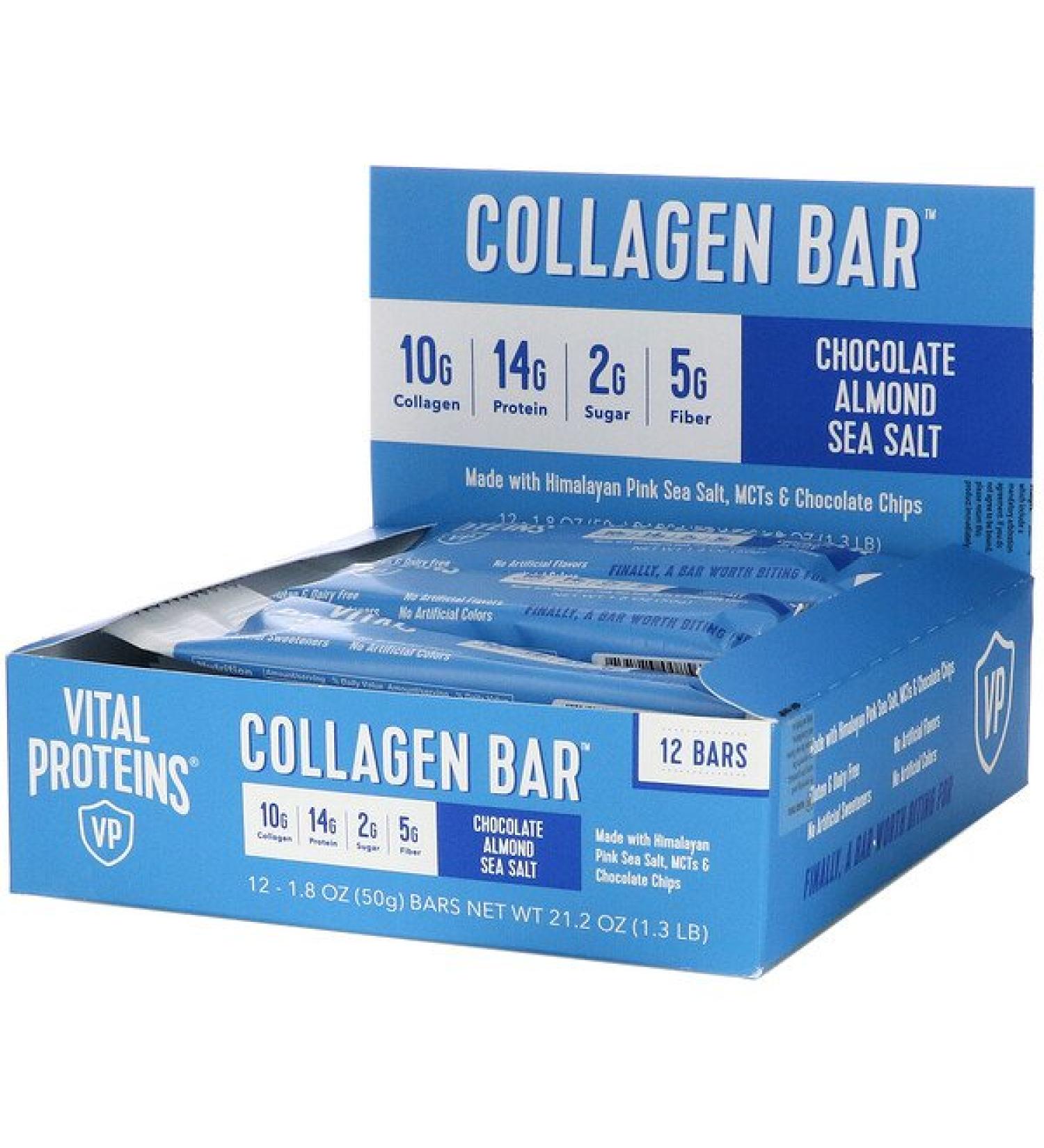 Vital Proteins Collagen Bar Chocolate Almond Sea Salt 12 Bars 1.8 oz (50 g) Each