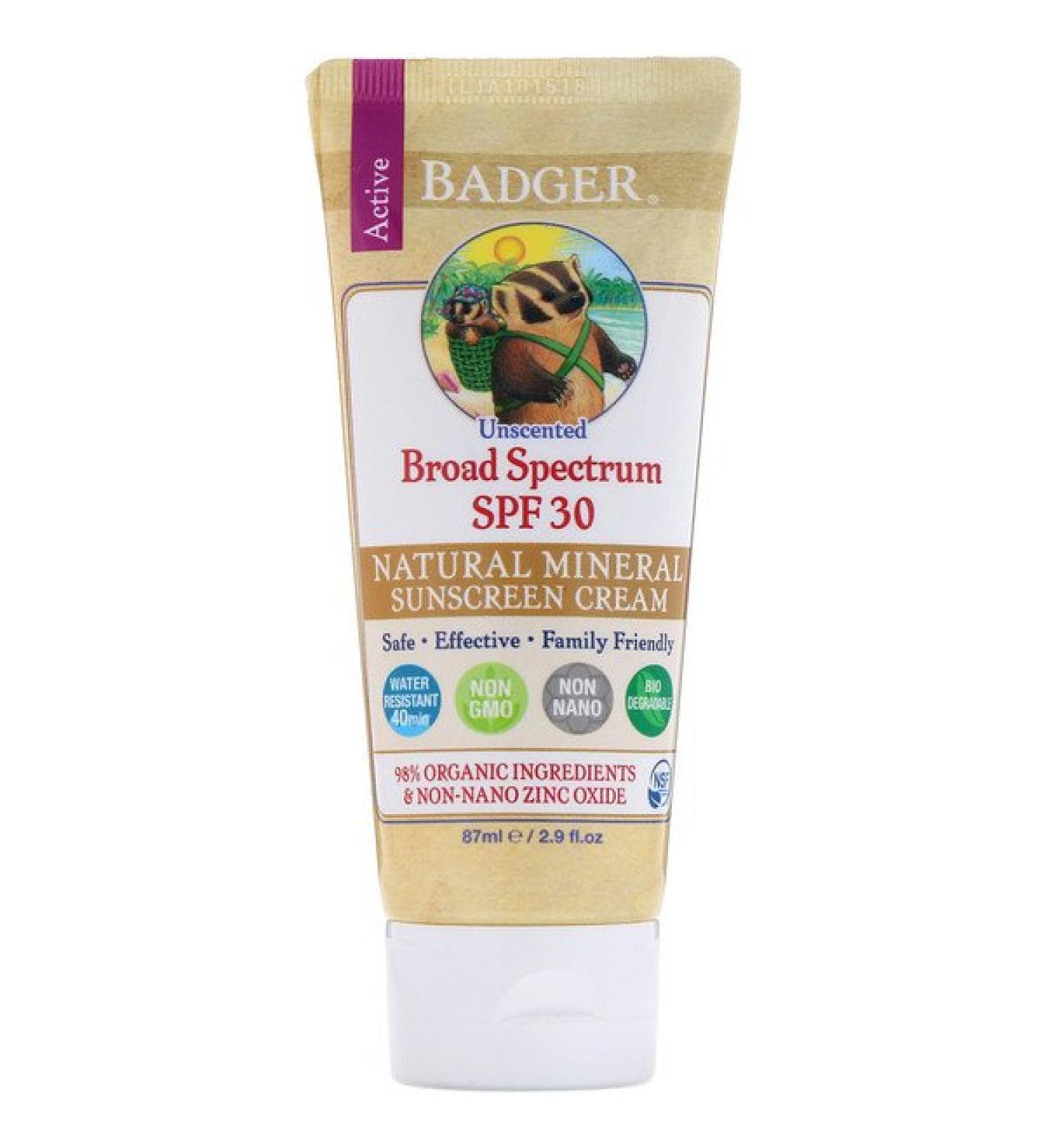 Badger Company Natural Mineral Sunscreen Cream SPF 30 PA+++ Unscented 2.9 fl oz (87 ml)