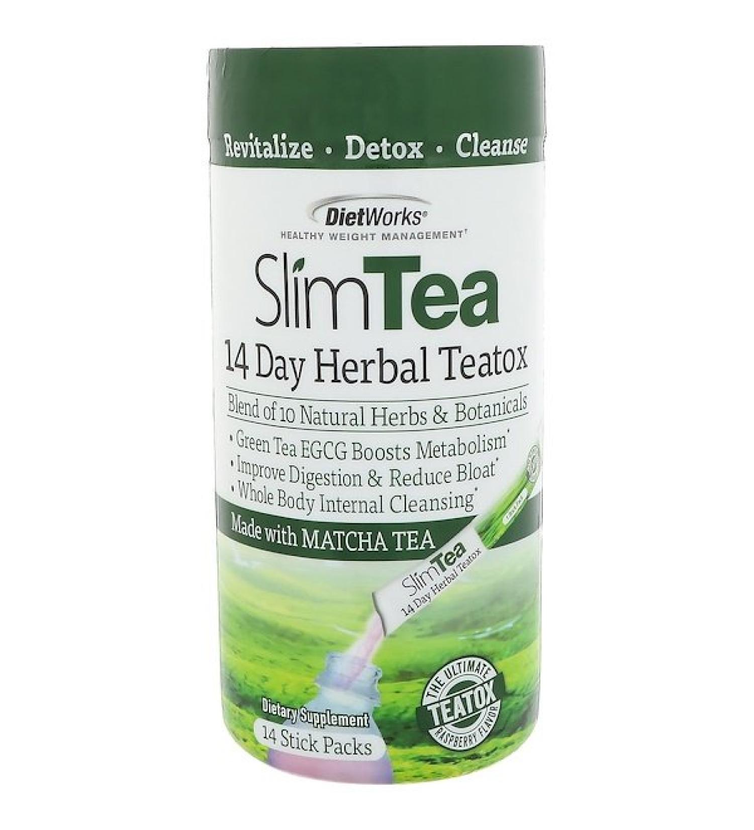 DietWorks Slim Tea 14 Day Herbal Teatox Matcha Tea Raspberry Flavor 14 Stick Packs