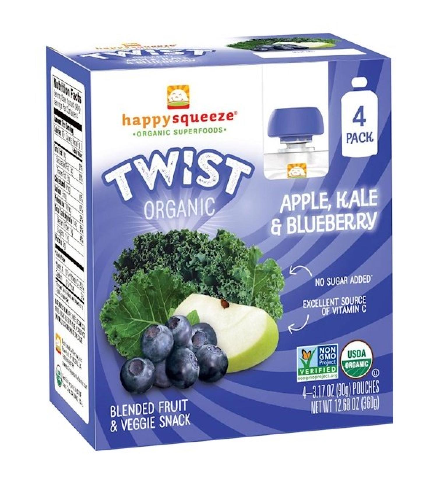 Happy Family Organics Happy Squeeze Organic Superfoods Twist Organic Apple Kale & Blueberry 4 Pouches 3.17 oz (90 g) Each