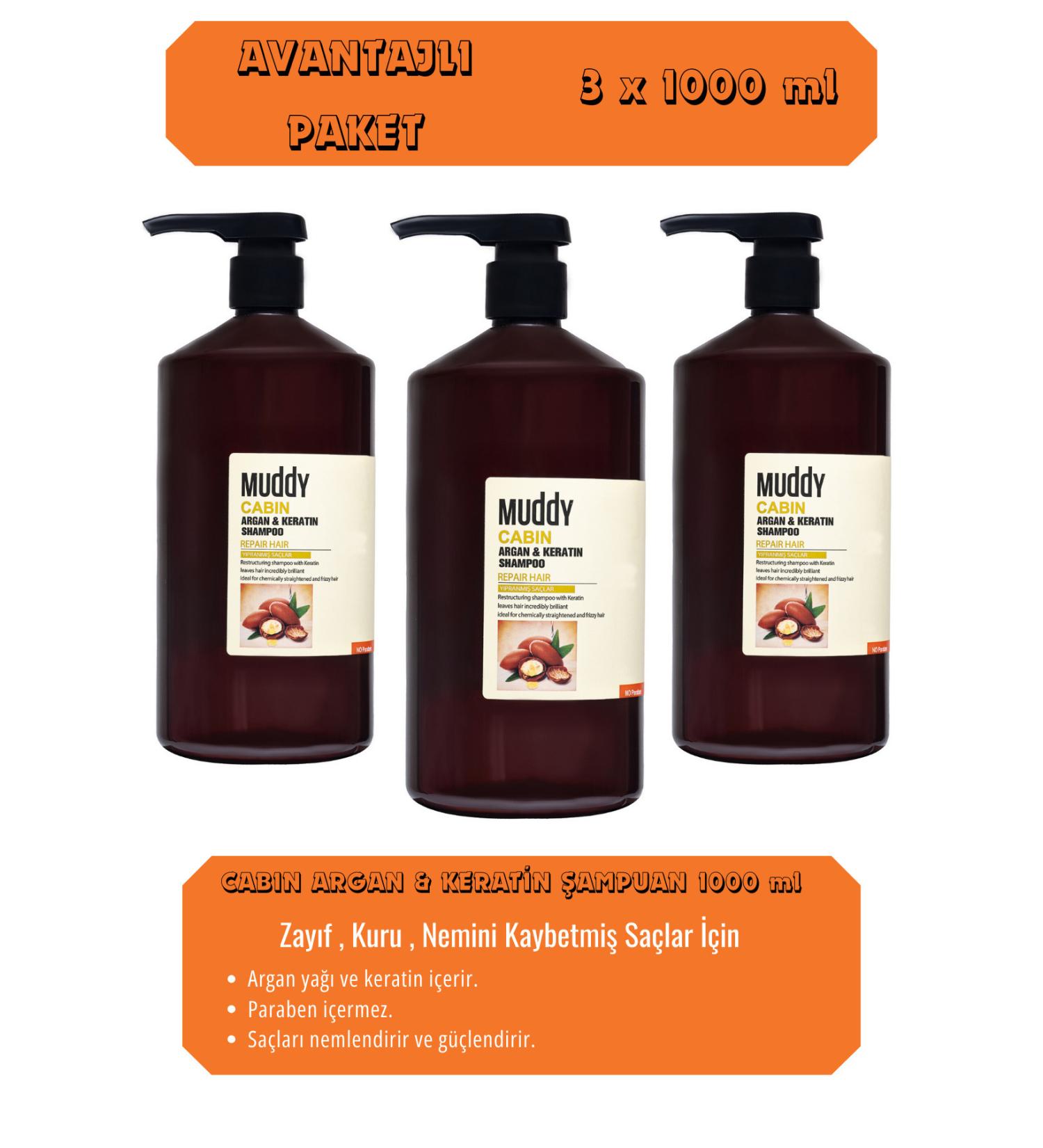Muddy CABIN ARGAN & KERATIN SHAMPOO FOR WEAK DRY HAIR THAT HAS LOST MOISTURE 1000 ml x 3