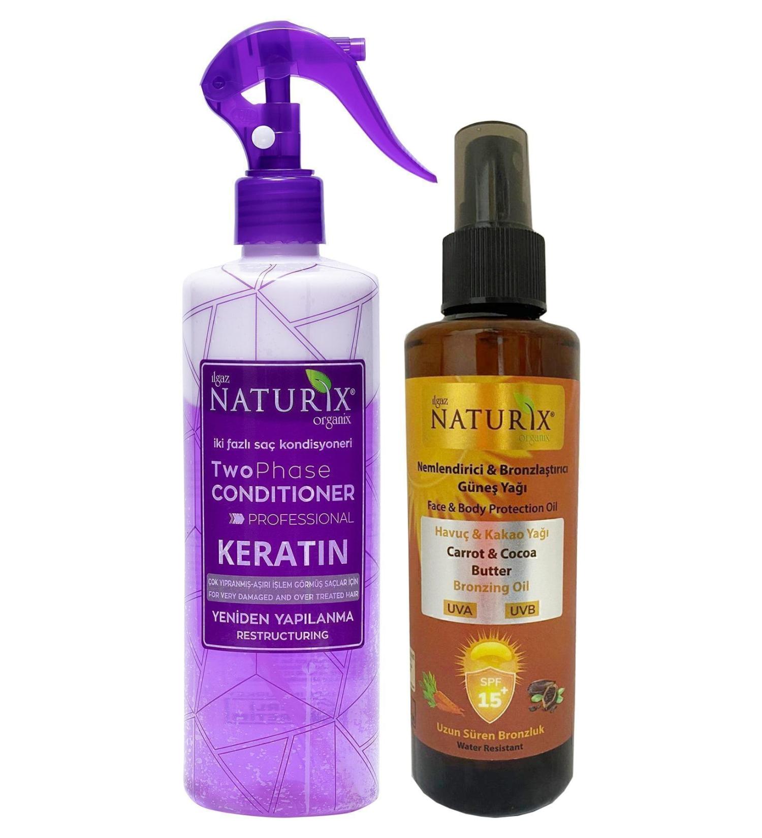 Naturix Cocoa & Carrot Oil Spf 15 Intensive Bronzing Oil 200 Ml + Keratin Care Liquid Hair Conditioner 400 Ml