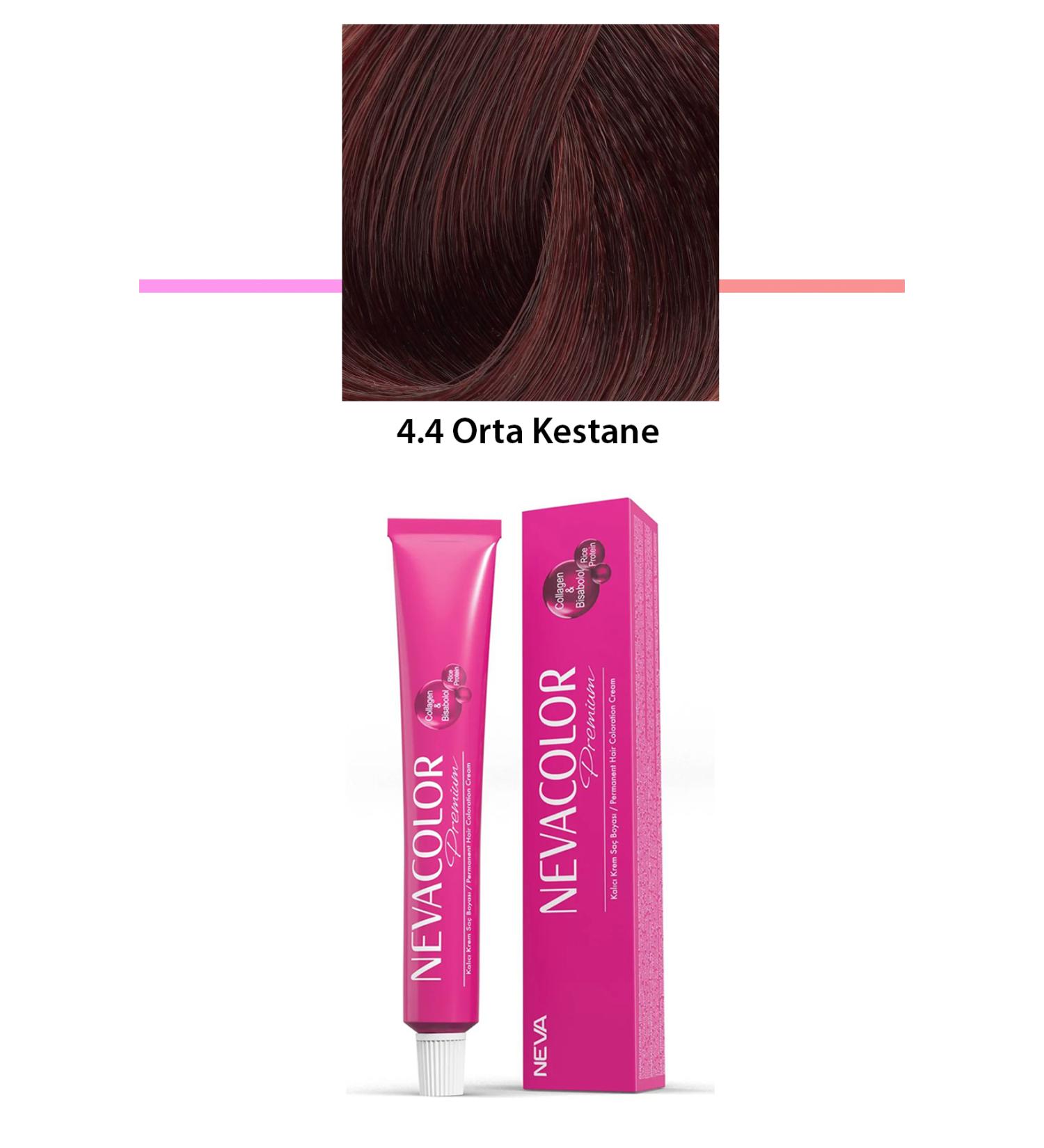 Neva Color Premium 4.4 Medium Chestnut - Permanent Cream Hair Dye 50 g Tube