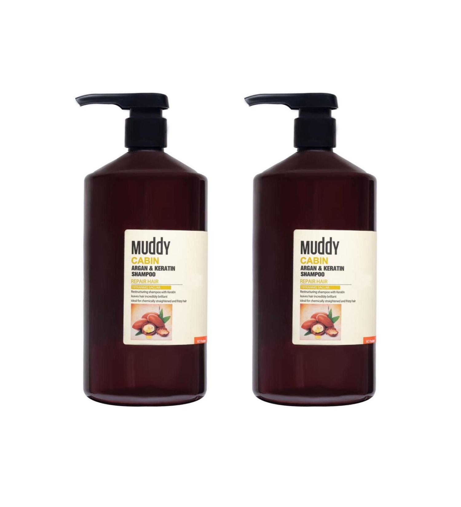Muddy For Damaged and Dehydrated Hair Cabin Argan & Keratin Shampoo 1000 Ml 2 Pieces