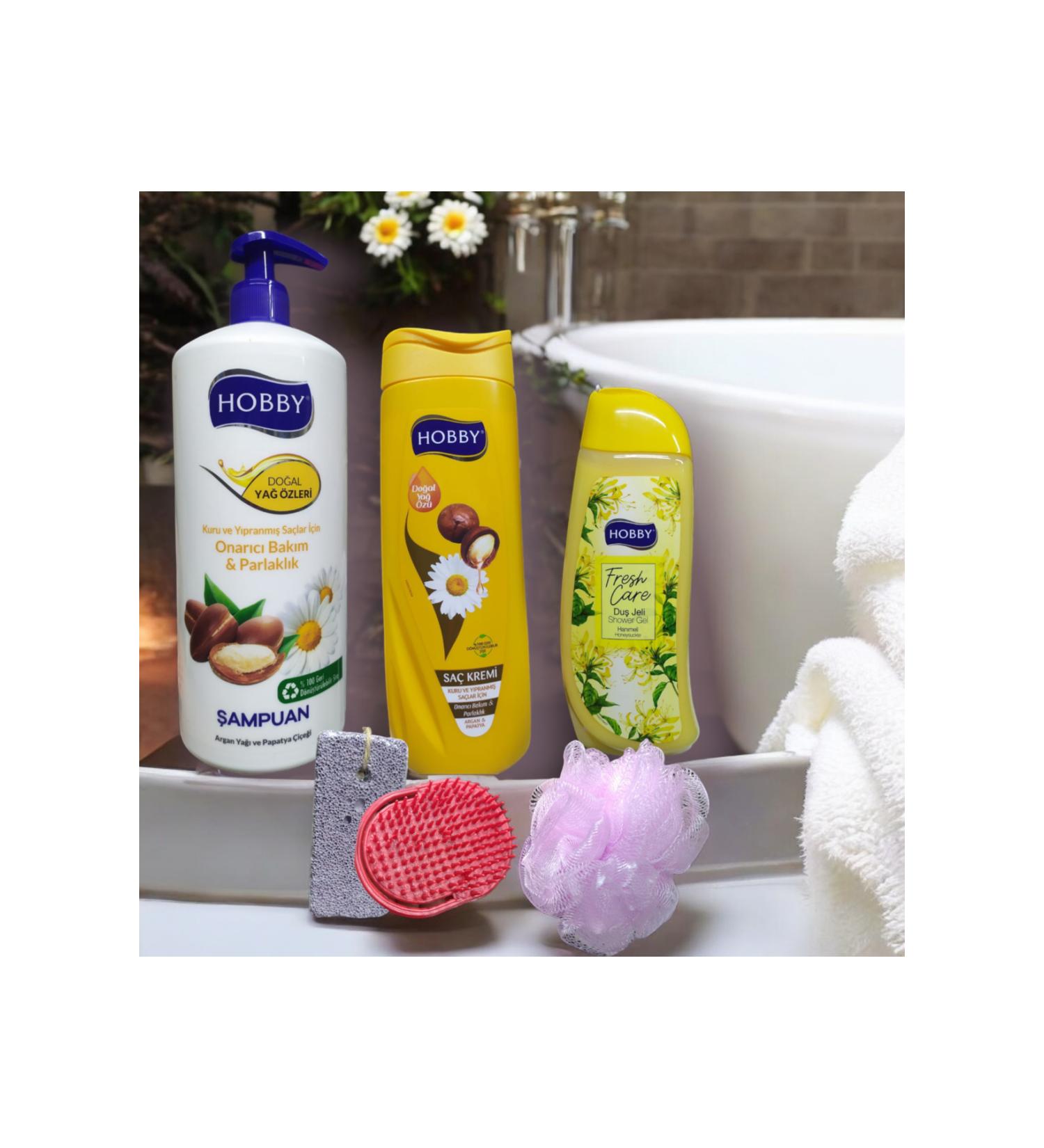 Hobby ARGAN & CHAMOMILE EXTRACT SHAMPOO (1000ML) ARGAN & CHAMOMILE EXTRACT HAIR CONDITIONER (500ML) HONEYSUCKLE SHOWER GEL