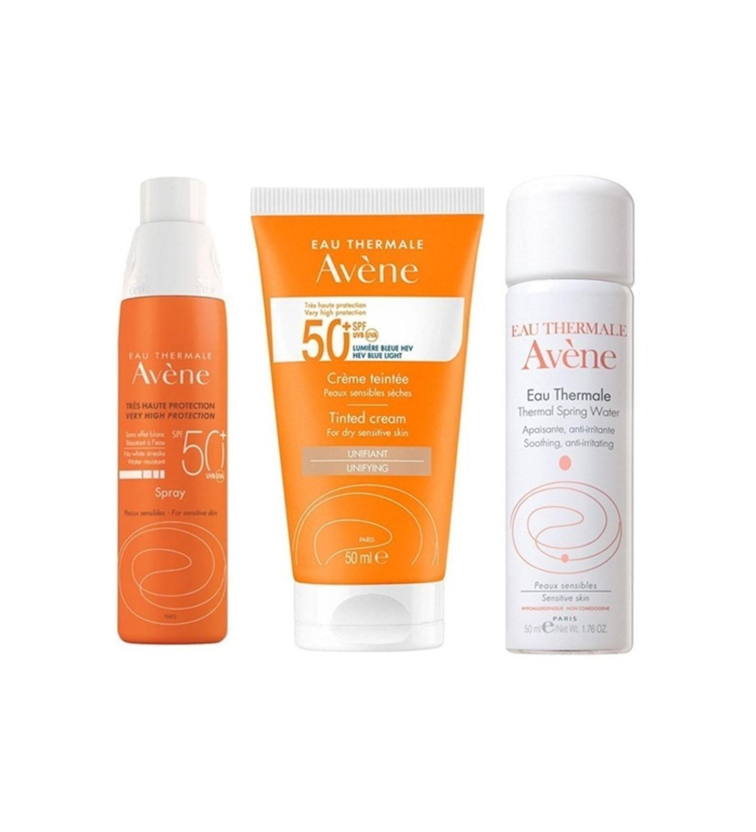 Avene Sun Protection Set 3 - Spray Spf 50+ 200ml - Spf 50+ Tinted Sun Cream 50 Ml Thermal Water 50ml