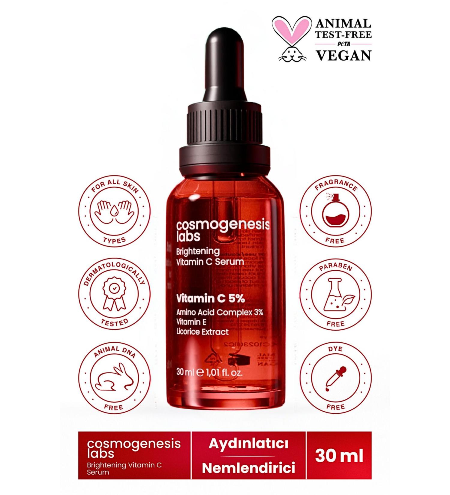 Cosmogenesis Labs Brightening Vitamin C Skin Serum 30ml Vegan Smoothing Fine Line Reducer (5% VITAMIN C) - Buy Online on GoSupps.com