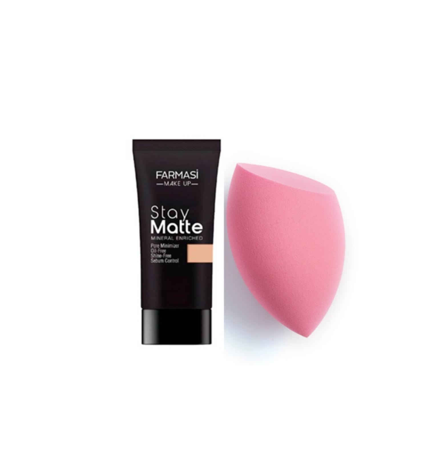 Farmasi Make Up Stay Matte Foundation 30 ml Porcelain 02+ Magic Makeup Sponge Set of 2 - Buy Online on GoSupps.com