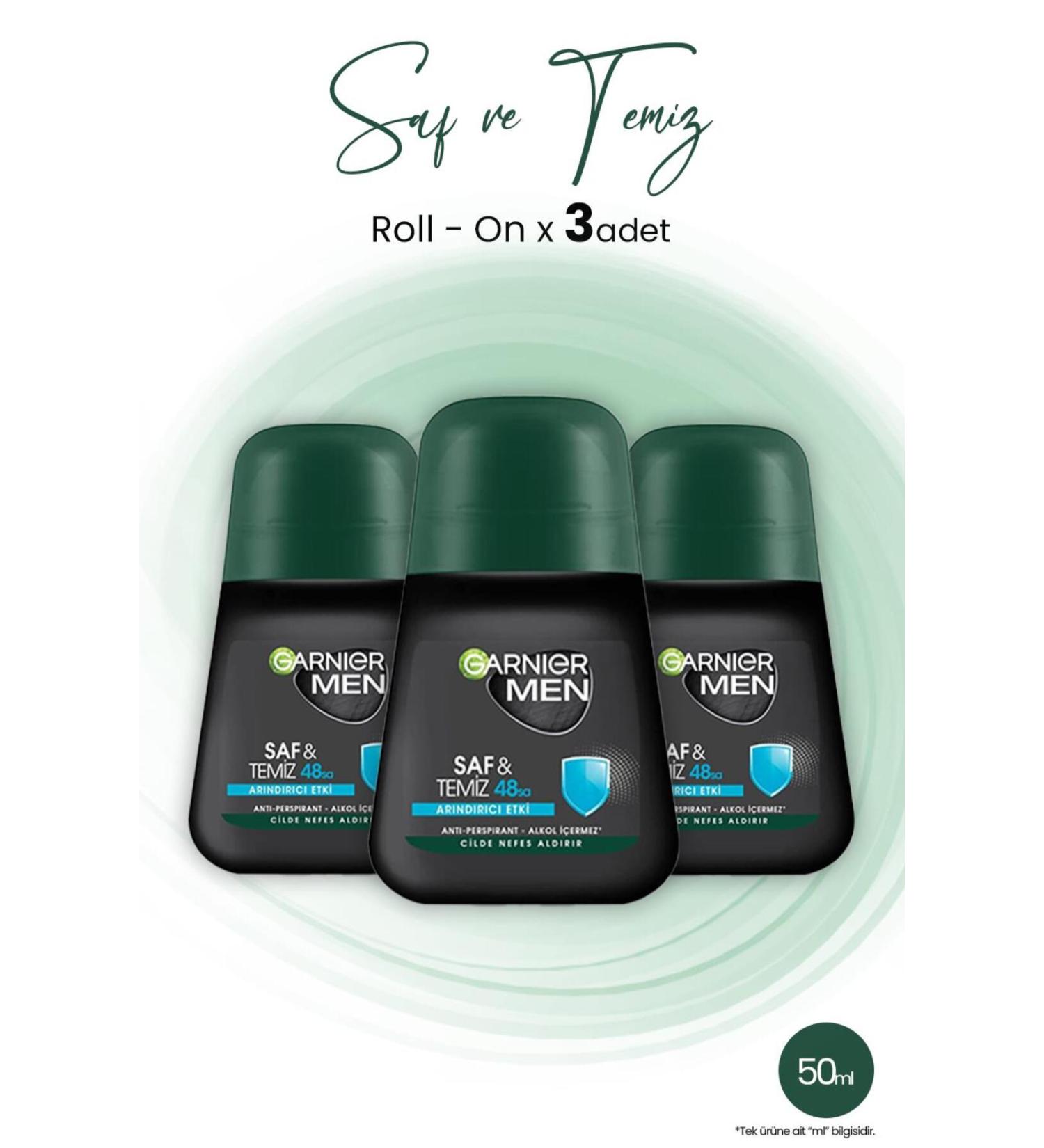 Garnier Men 48h Pure And Clean Roll-on 50 ml X 3 Pieces