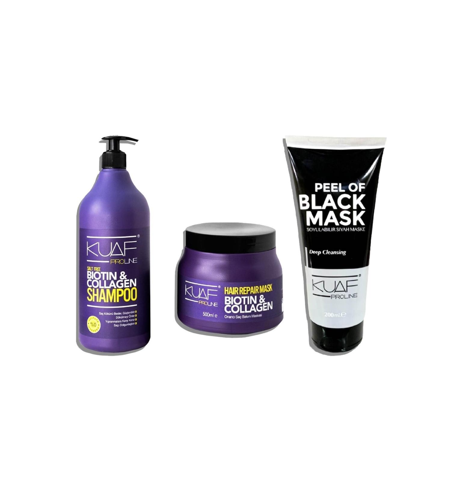 Kuaf Salt-Free and Sulfate-Free Biotin & Collagen Care Shampoo 1000 Ml + Peelable Black Mask - Black No