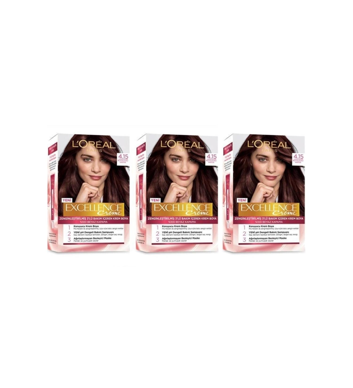 L'Oreal Paris Excellence Hair Dye 4.15 Fascinating Brown 3-Piece Set