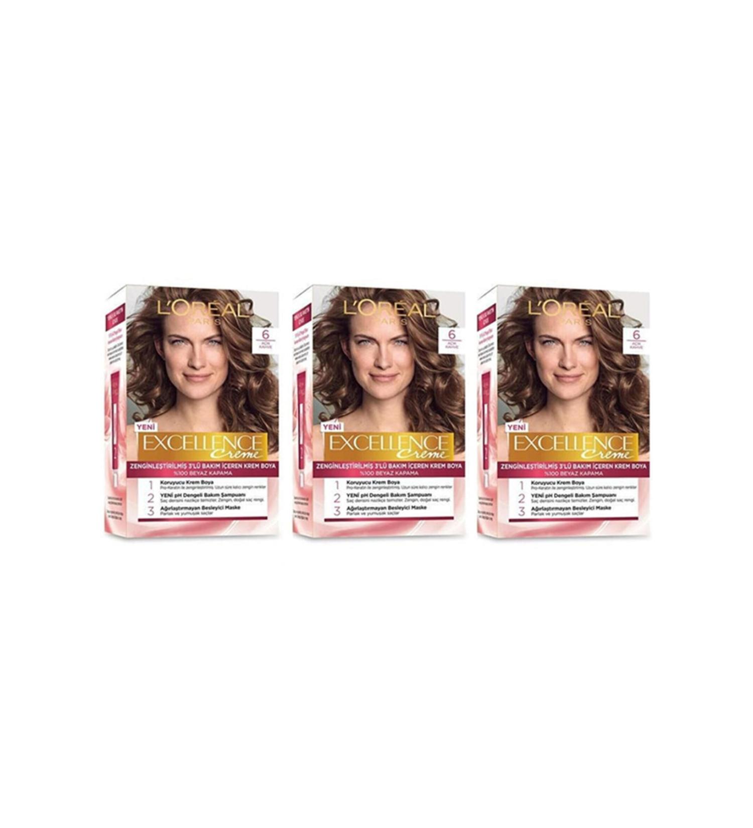 L'Oreal Paris Excellence Hair Dye 6 Light Brown 3-Piece Set