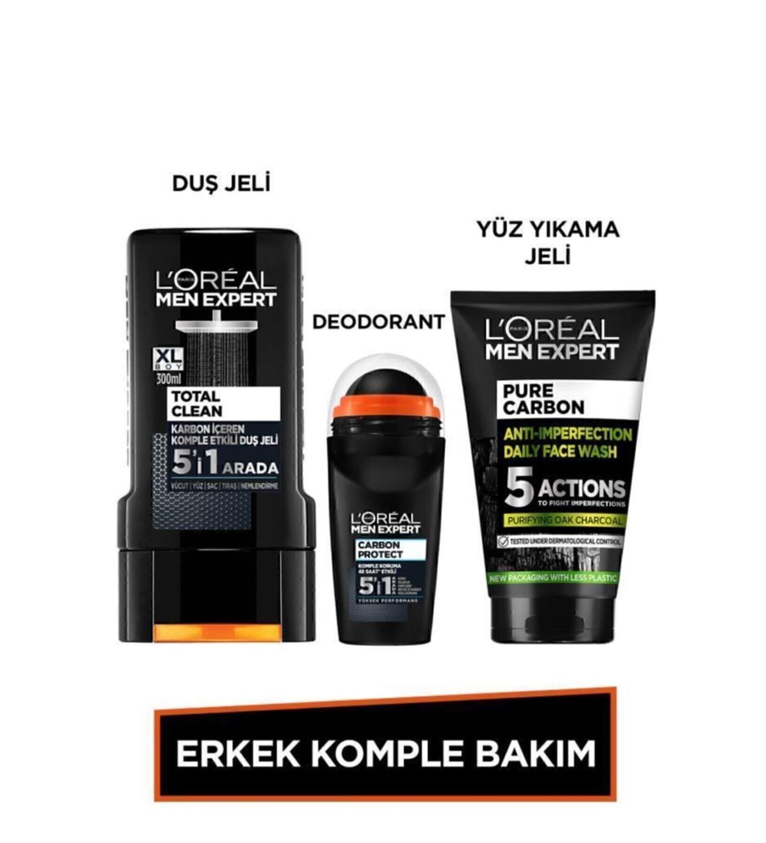 L'Oreal Paris Men Expert Men's Complete Care Set Charcoal Face Wash Gel 100ml + Total Clean Shower Gel 300ml + Roll On - Buy Online on GoSupps.com