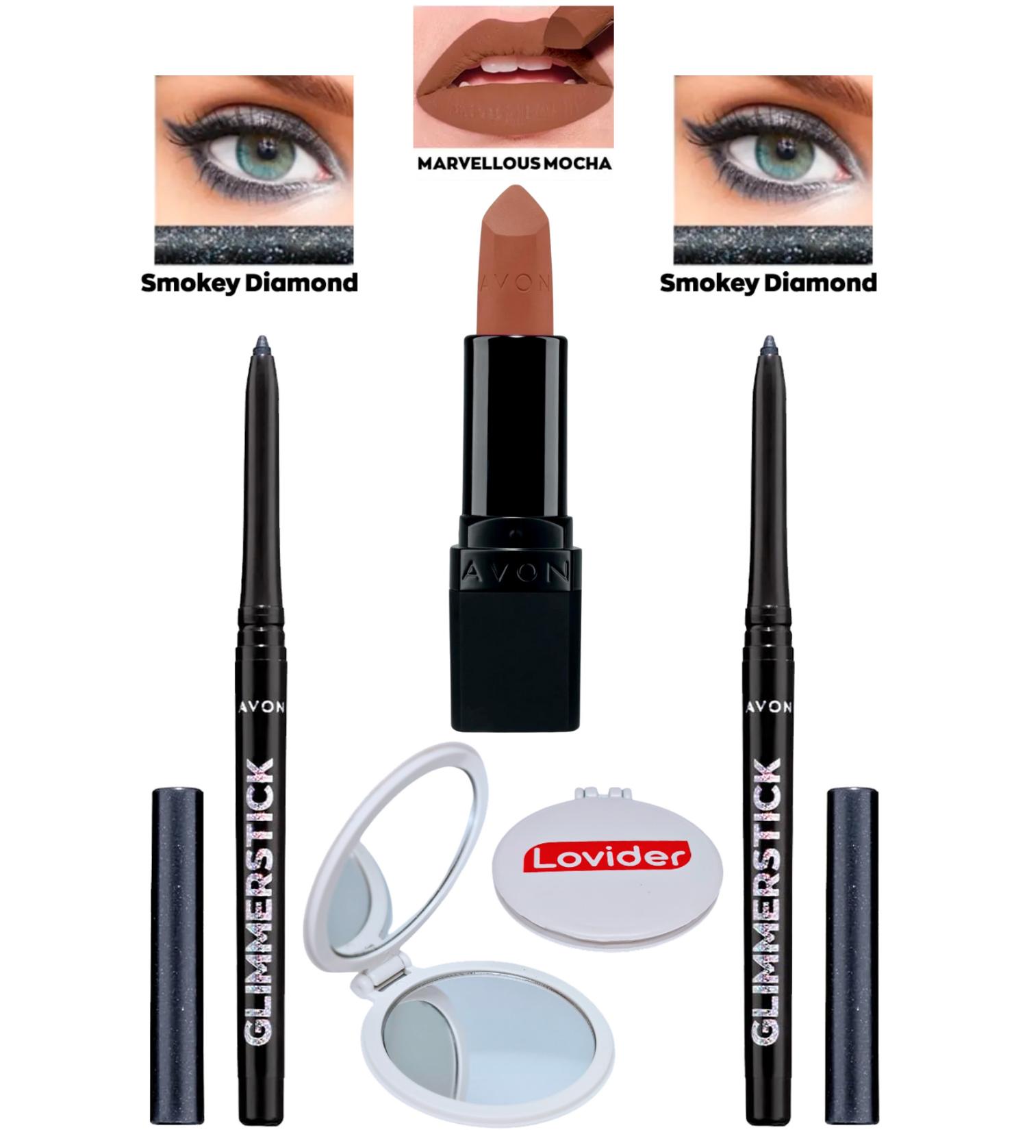 Avon Lift Eyeliner Shimmery Smokey Diamond 2 Pack + Marvellous Mocha Matte Lipstick + Lovider Pocket Mirror - Buy Online on GoSupps.com