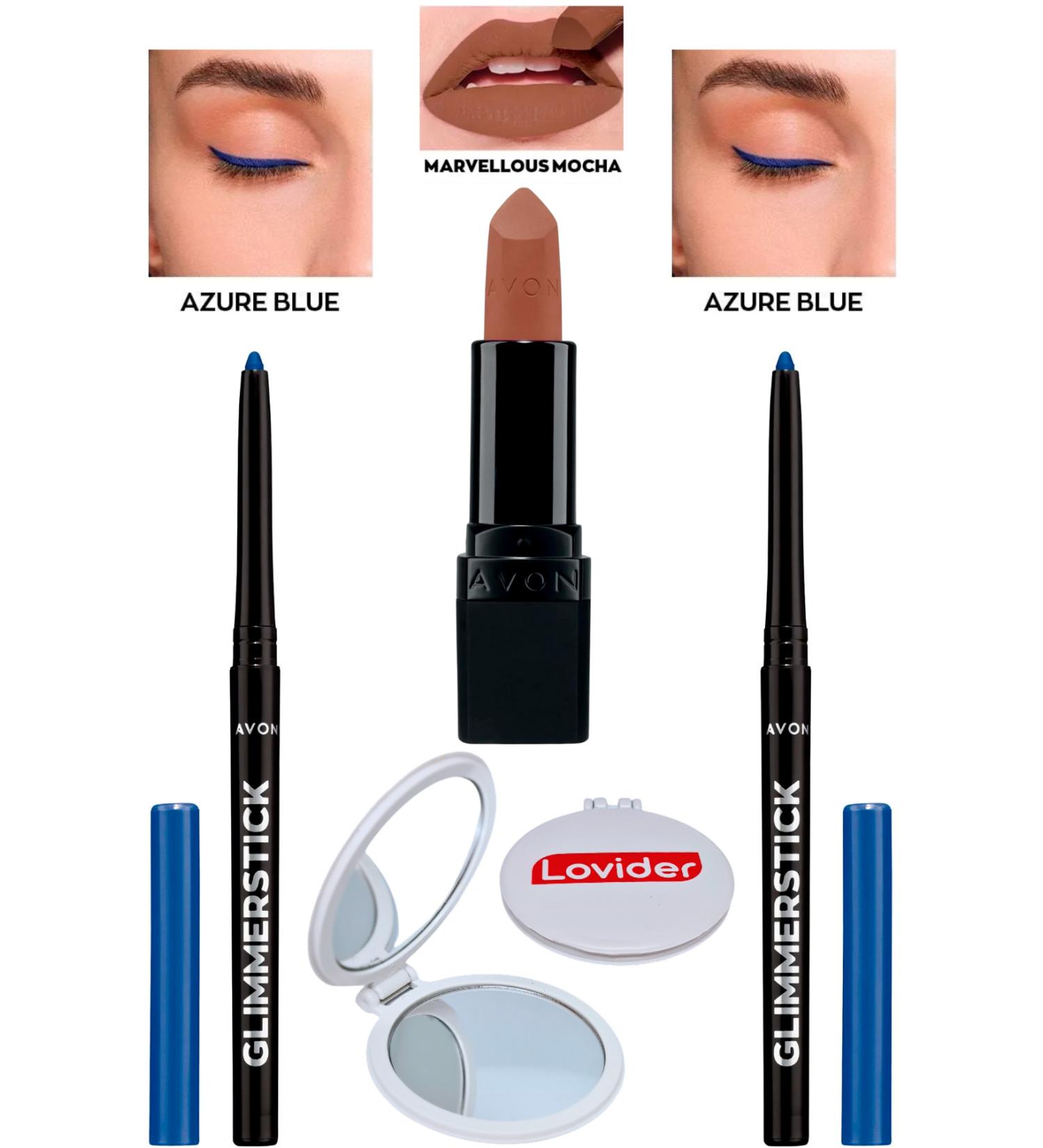Avon Lift Eyeliner Azure Blue 2 Pack + Marvellous Mocha Matte Lipstick + Lovider Pocket Mirror