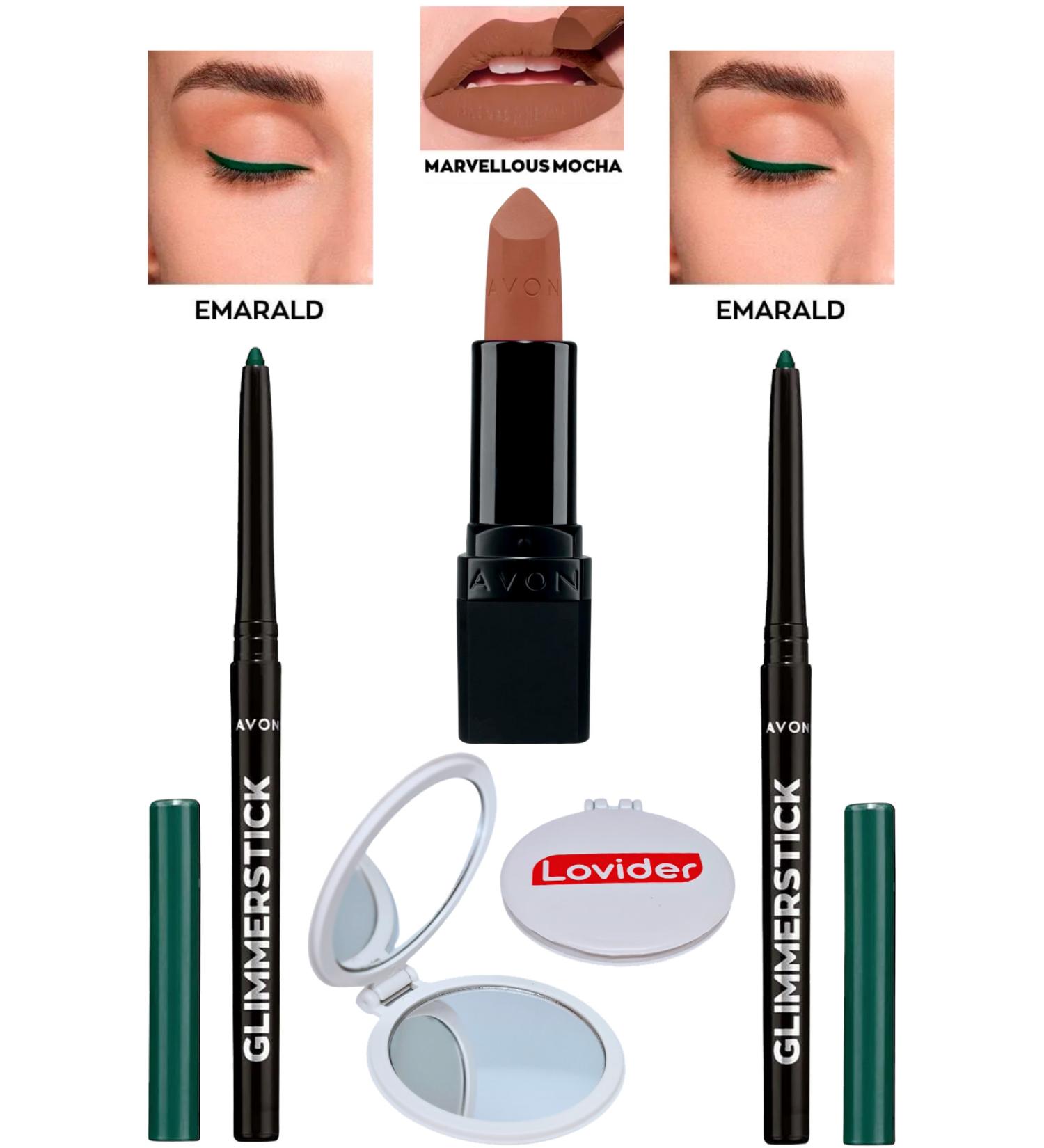 Avon Lift Eyeliner Emerald 2 Pack + Marvellous Mocha Matte Lipstick + Lovider Pocket Mirror