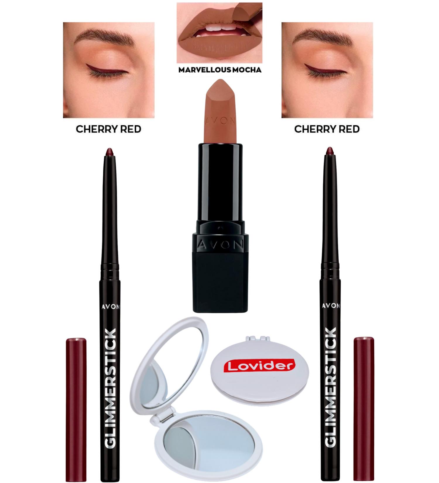 Avon Lift Eyeliner Cherry Red 2 Pack + Marvellous Mocha Matte Lipstick + Lovider Pocket Mirror - Buy Online on GoSupps.com