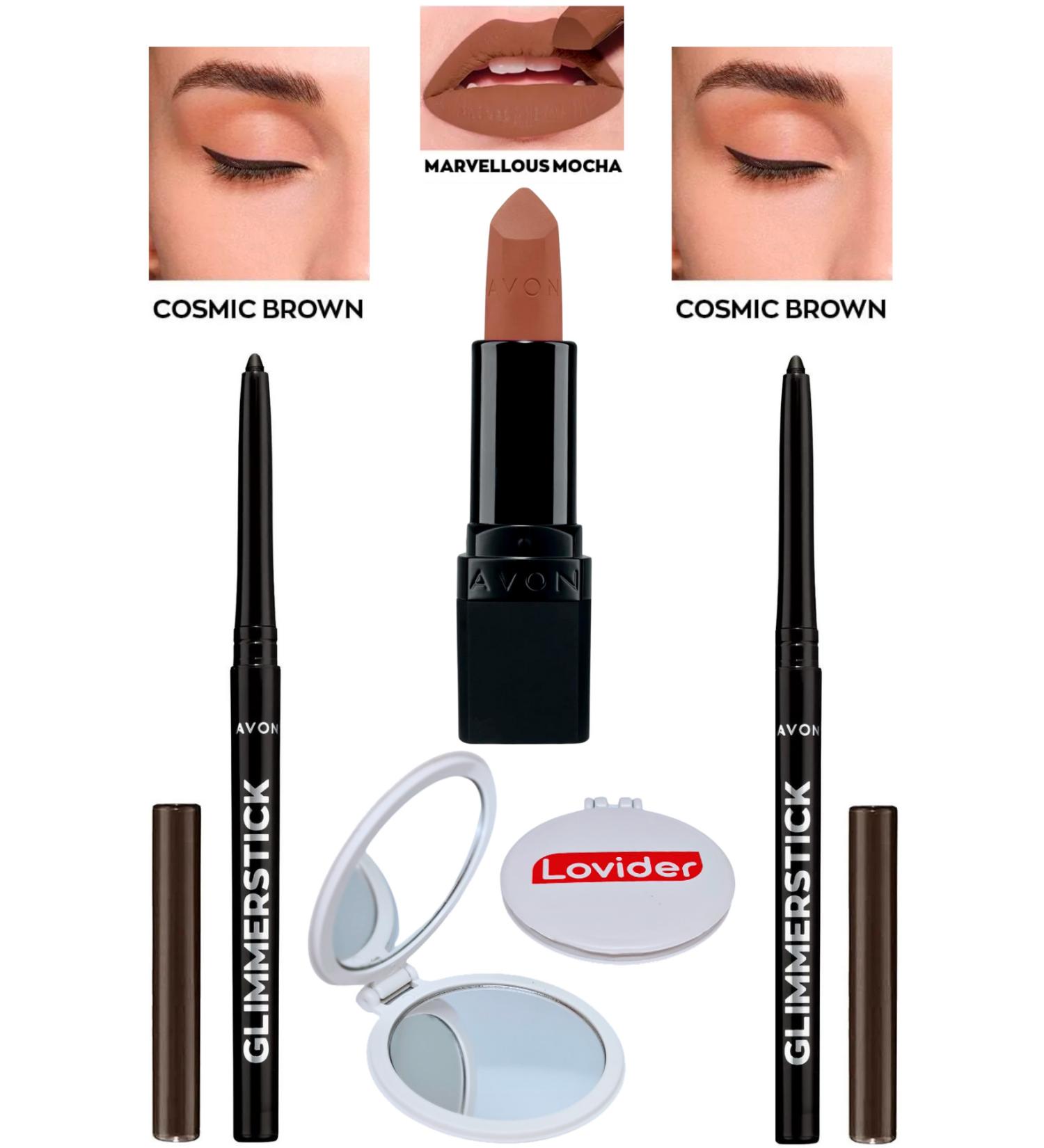 Avon Lift Eyeliner Cosmic Brown 2 Pack + Marvellous Mocha Matte Lipstick + Lovider Pocket Mirror