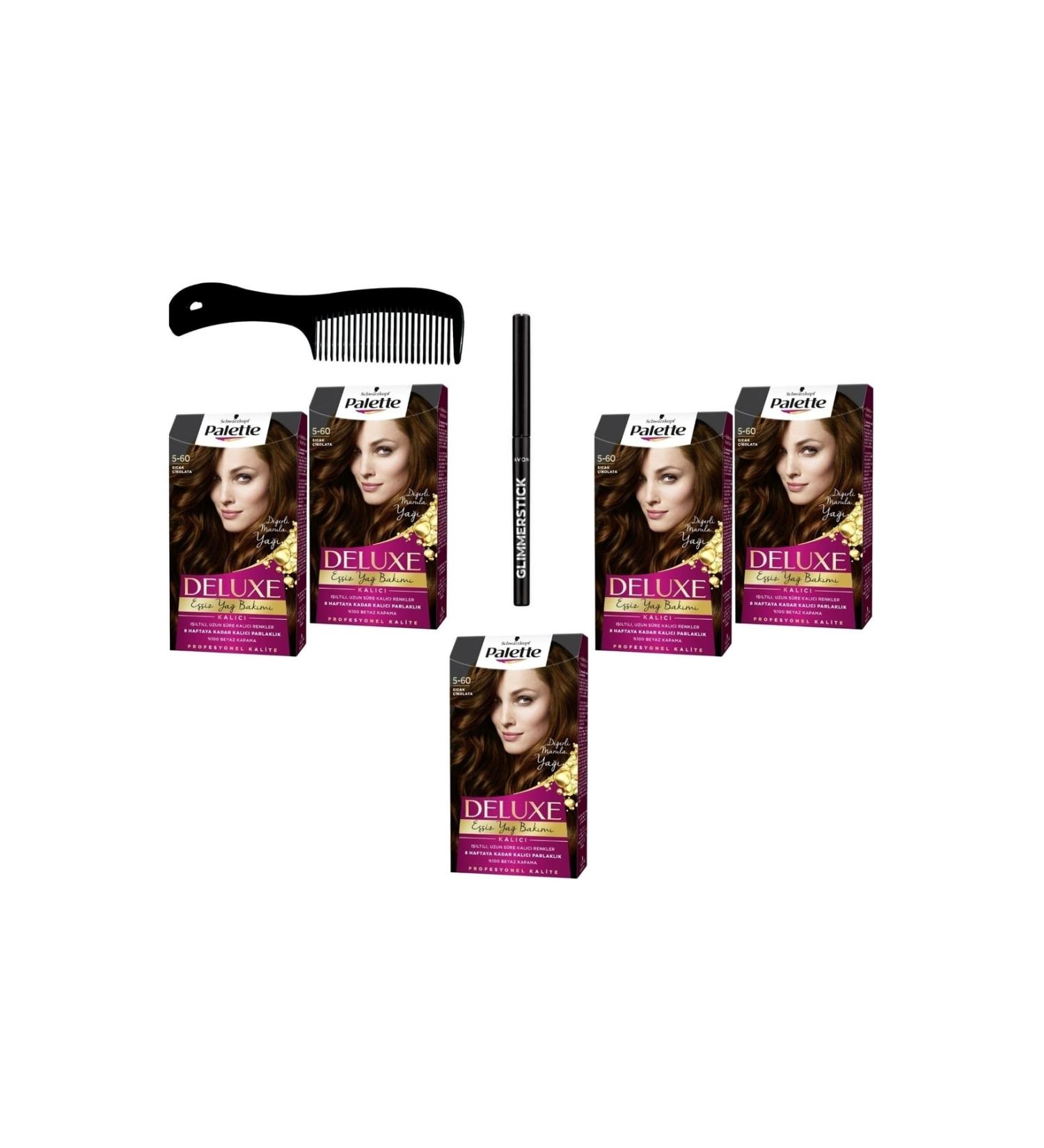 Palette Deluxe Hair Dye 5-60 Hot Chocolate X 5 Pieces + Glimmer Stick Eyeliner + Comb