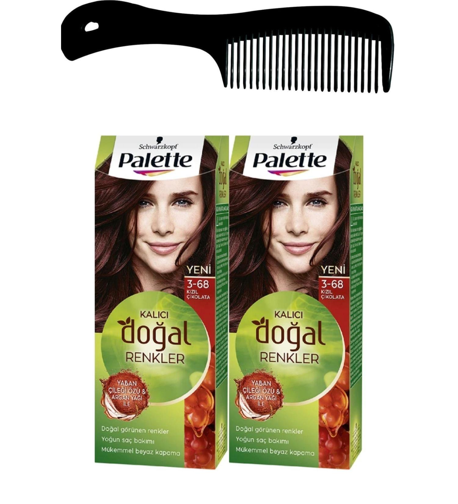Palette Permanent Natural Colors Hair Dye 3-68 Red Chocolate X 2 Pieces + Hair Opening Comb