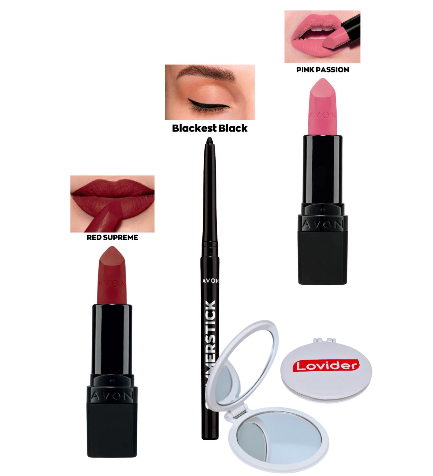 Avon Red Supreme Matte Lipstick + Black Eyeliner + Pink Passion Matte Lipstick + Lovider Pocket Mirror